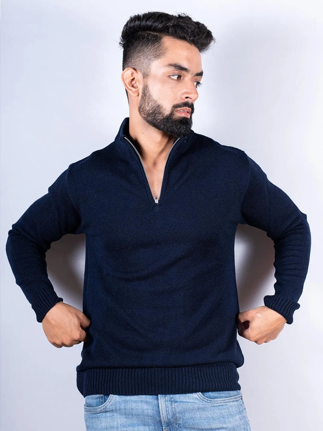 Navy Blue Color Classic Zipper Men's Sweater