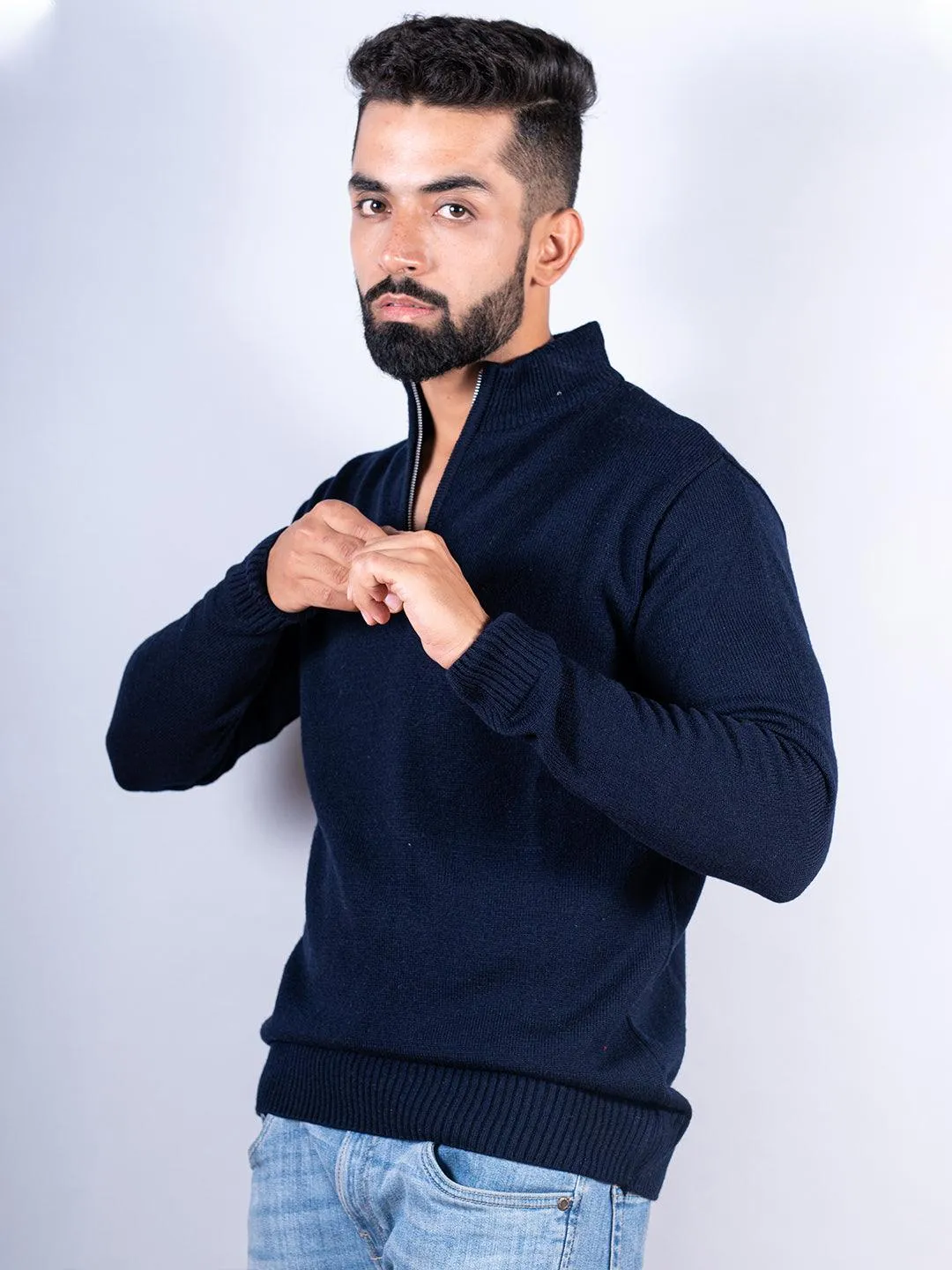 Navy Blue Color Classic Zipper Men's Sweater