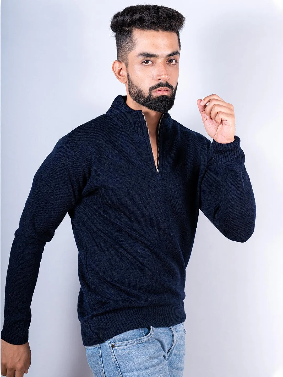 Navy Blue Color Classic Zipper Men's Sweater