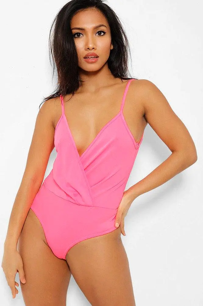 Neon Pink Deep Plunge Wrap Bodysuit