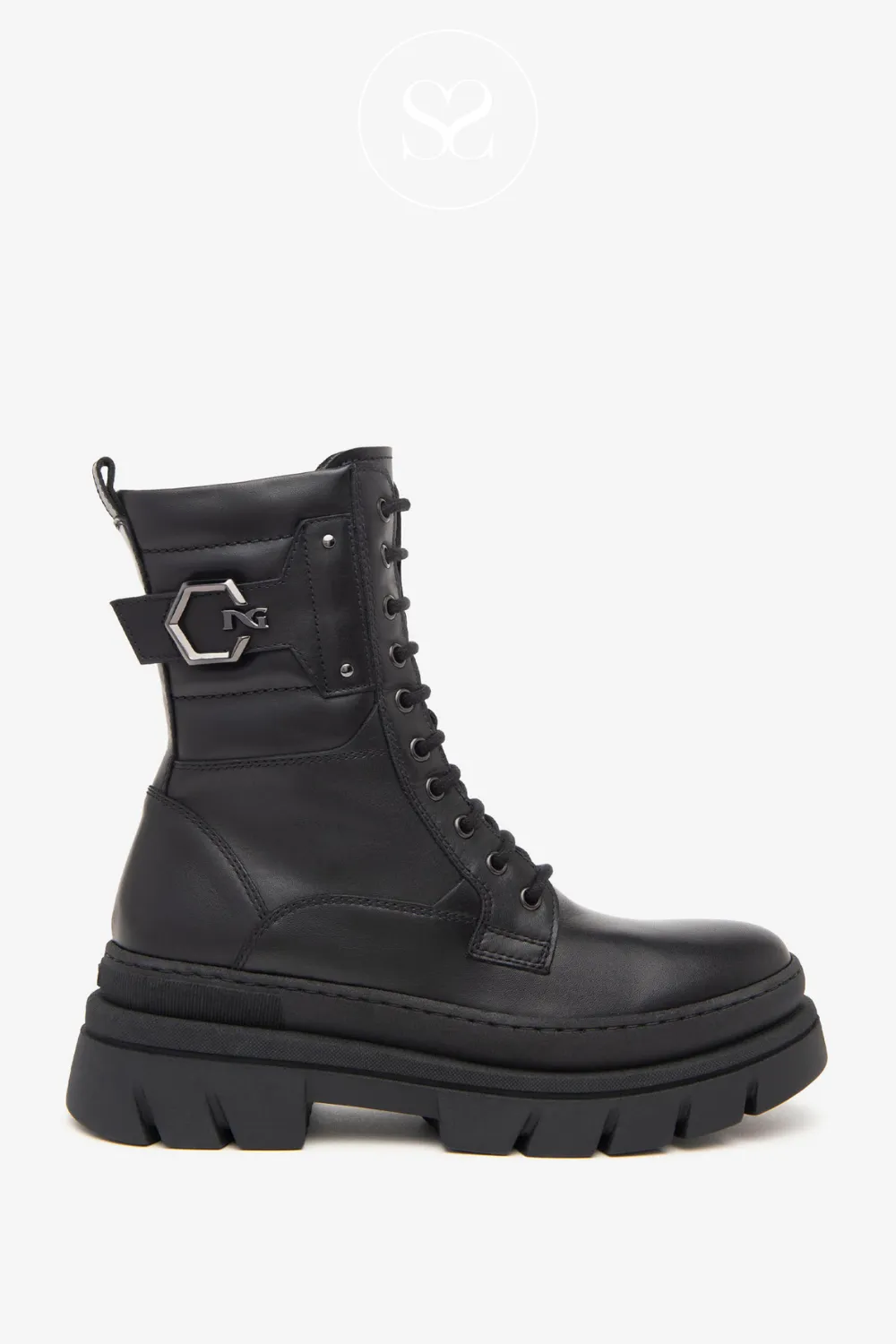 NERO GIARDINI I411932D BLACK LEATHER LACED BIKER BOOTS