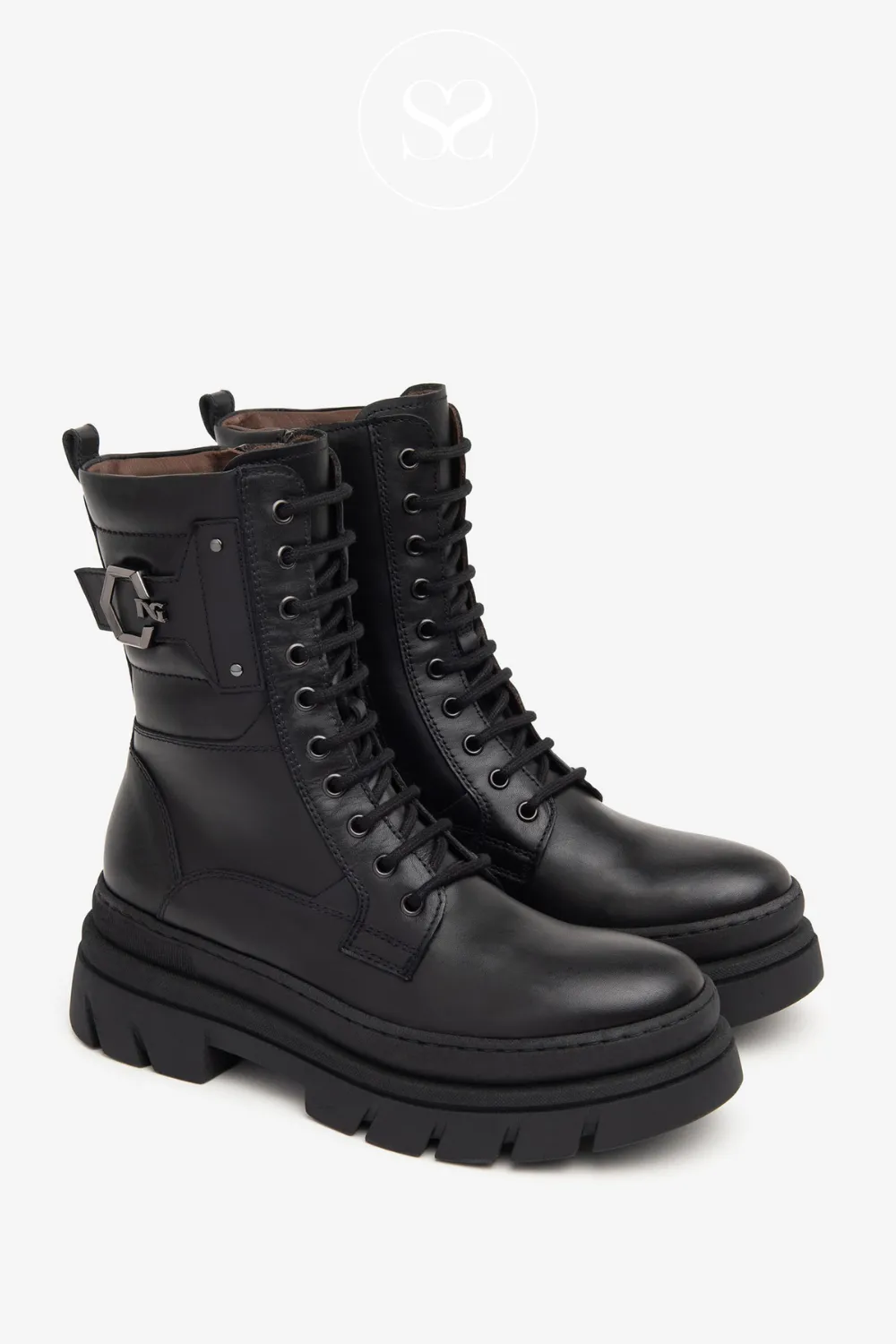 NERO GIARDINI I411932D BLACK LEATHER LACED BIKER BOOTS