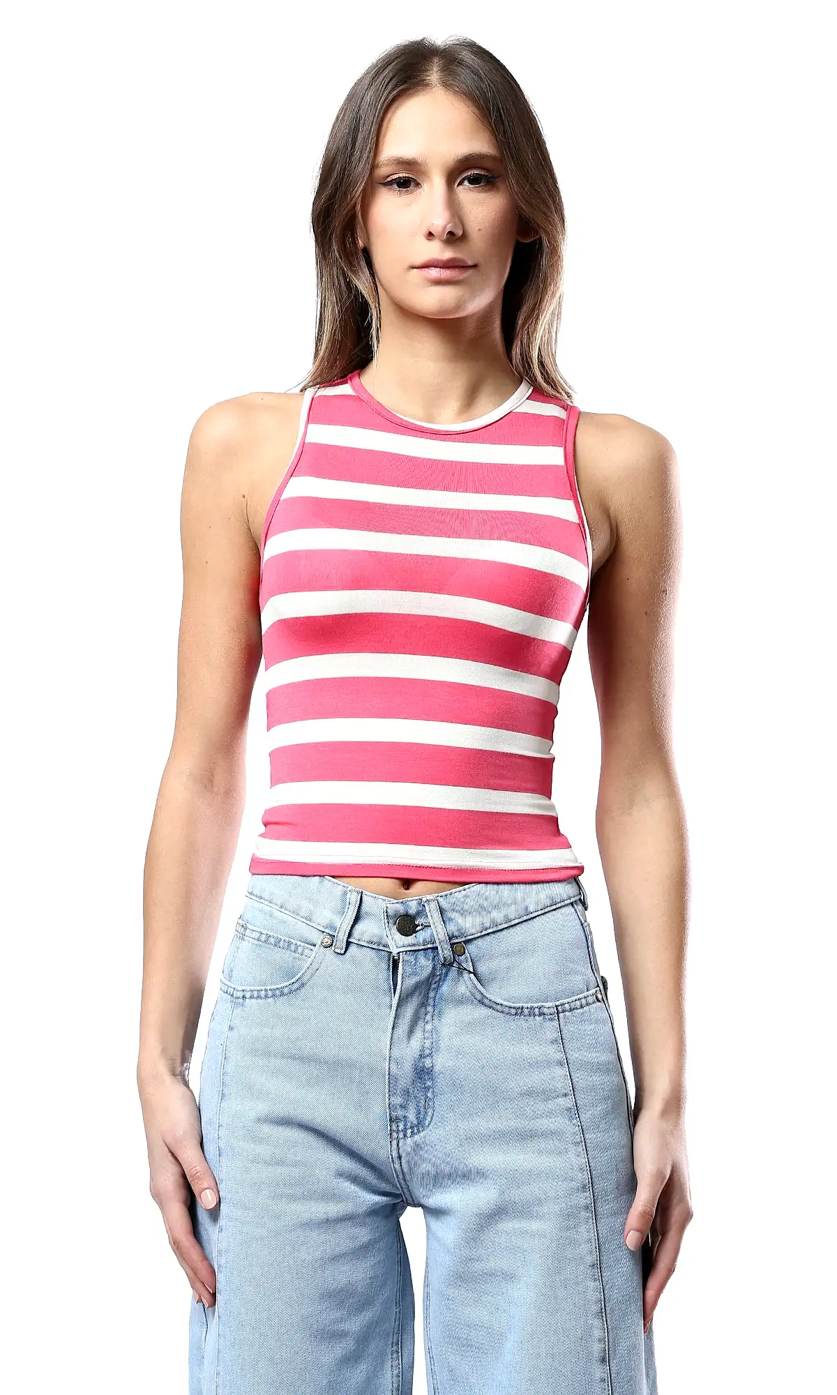 O179136 Bi-Tone Striped Hot Pink & White Tank Top