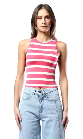 O179136 Bi-Tone Striped Hot Pink & White Tank Top