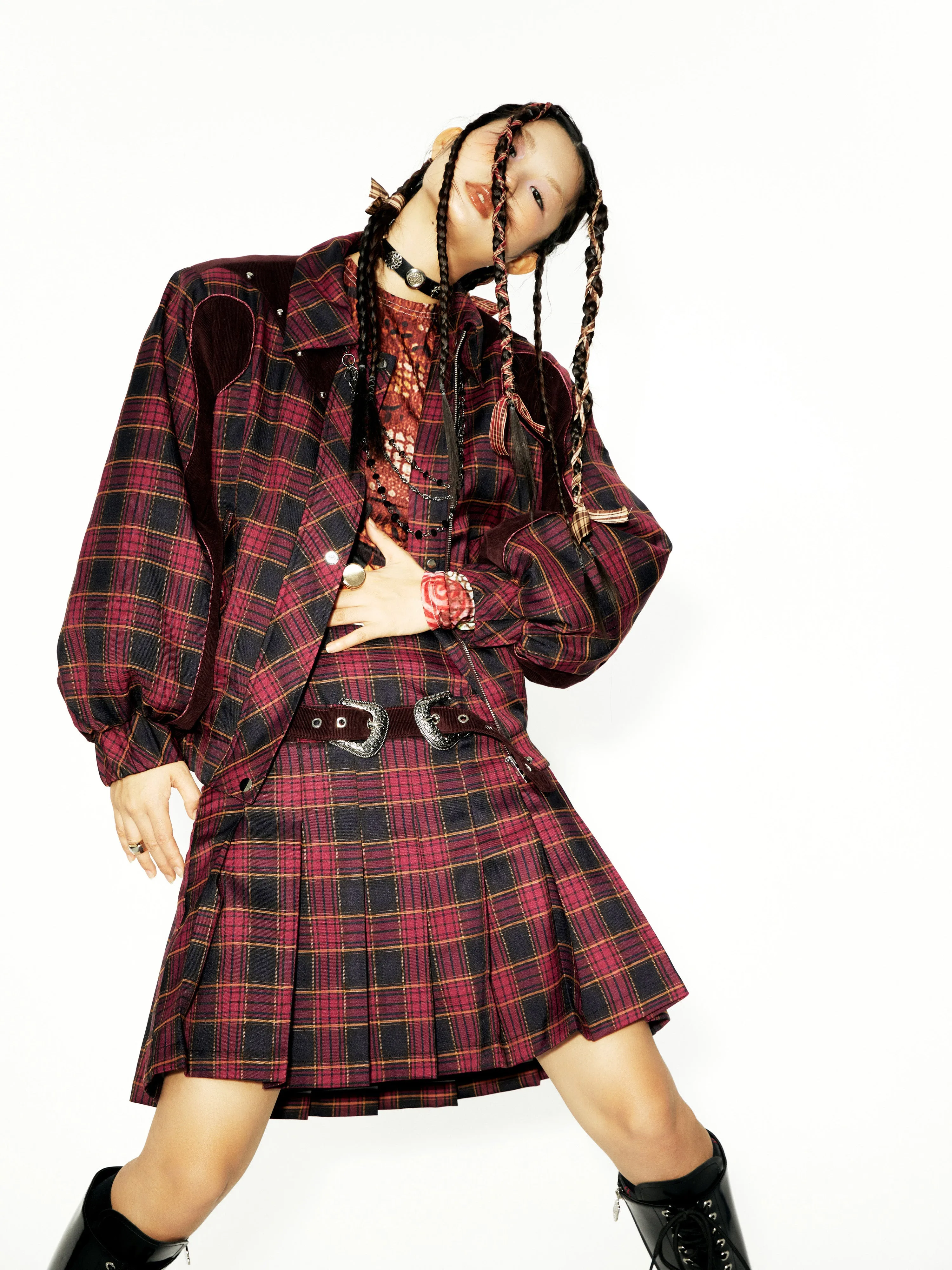 Plaid Stitching Strip Design Short Padded Jacket & Pleated Skirt