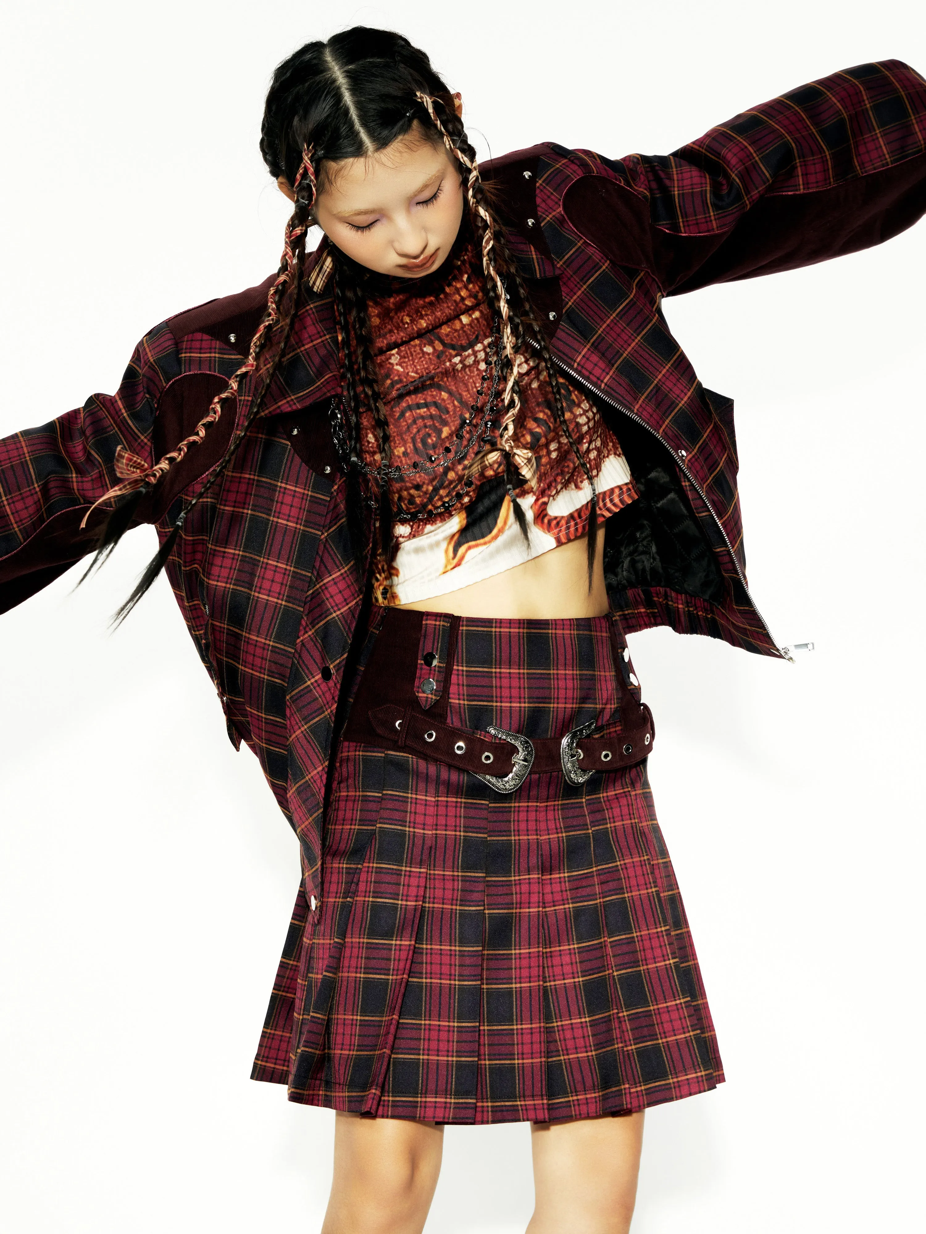 Plaid Stitching Strip Design Short Padded Jacket & Pleated Skirt