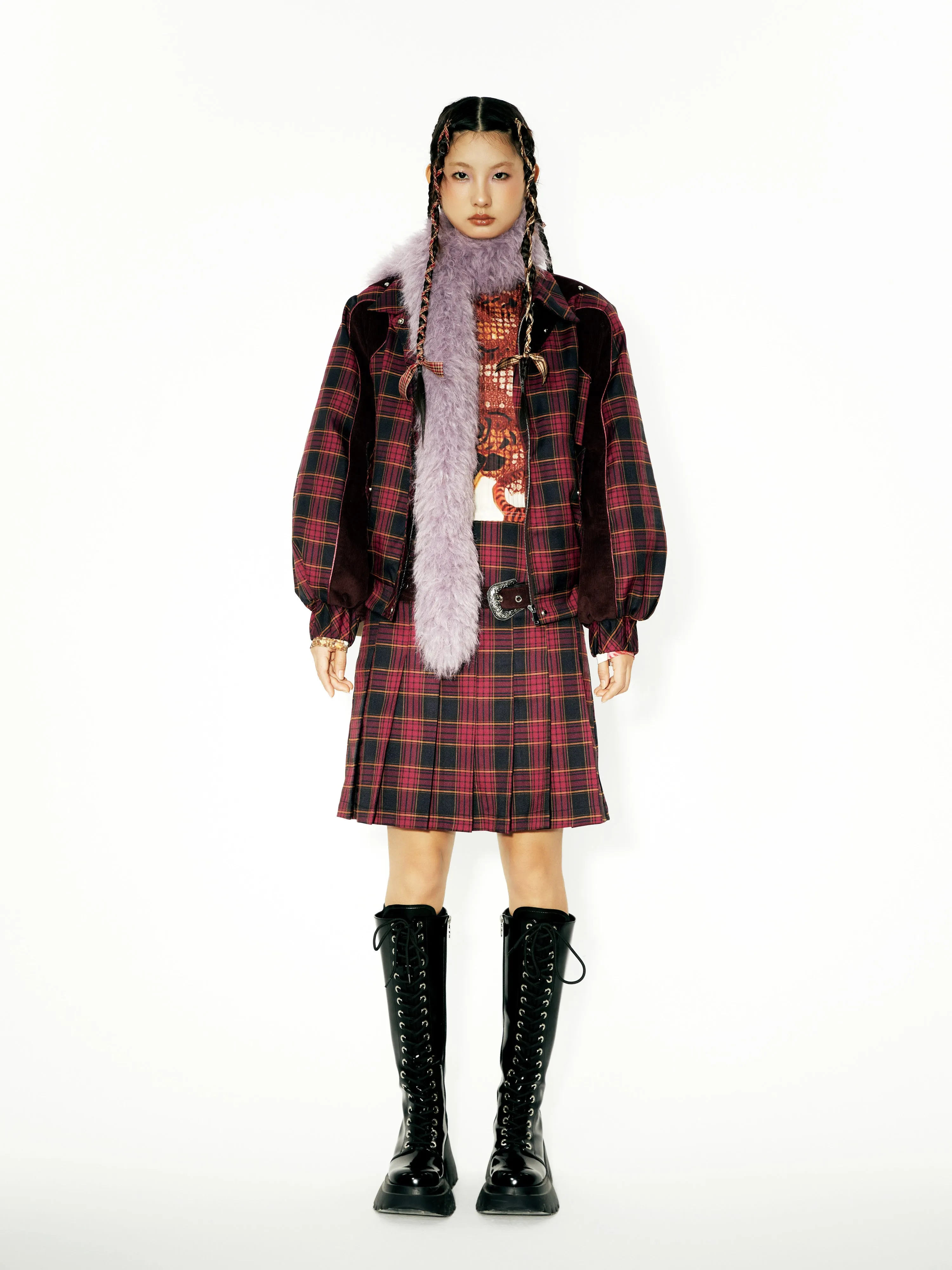 Plaid Stitching Strip Design Short Padded Jacket & Pleated Skirt