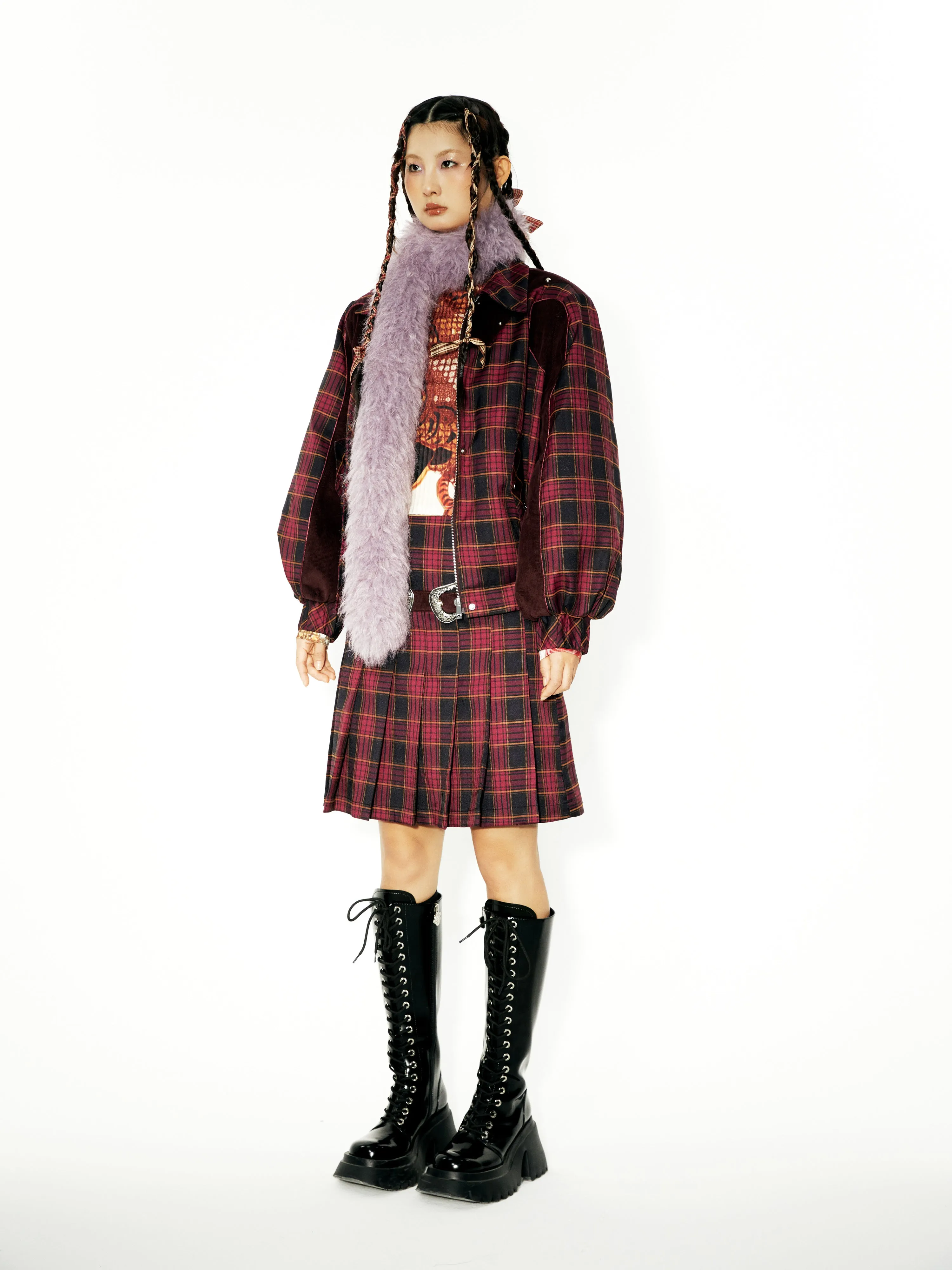 Plaid Stitching Strip Design Short Padded Jacket & Pleated Skirt