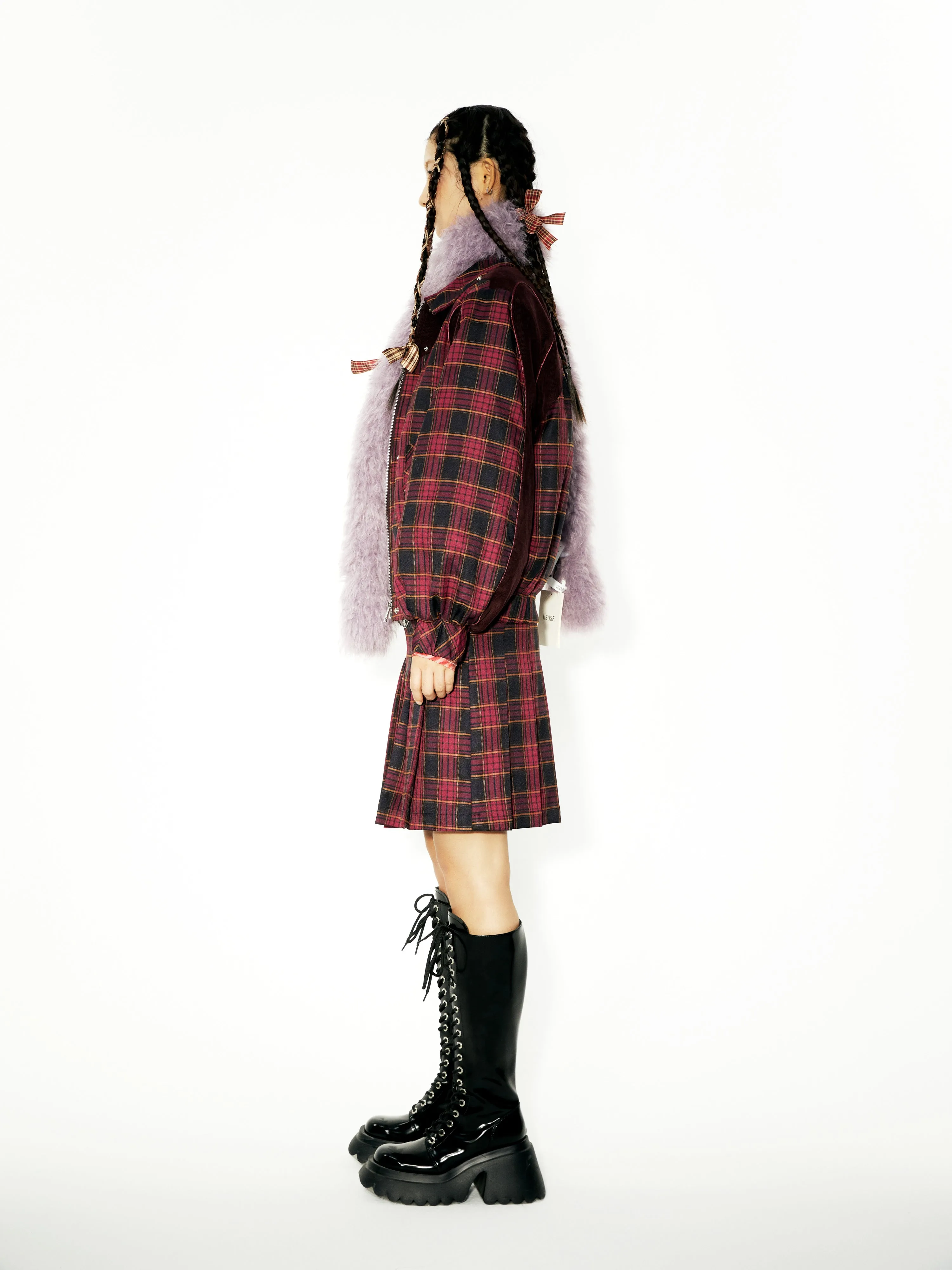 Plaid Stitching Strip Design Short Padded Jacket & Pleated Skirt