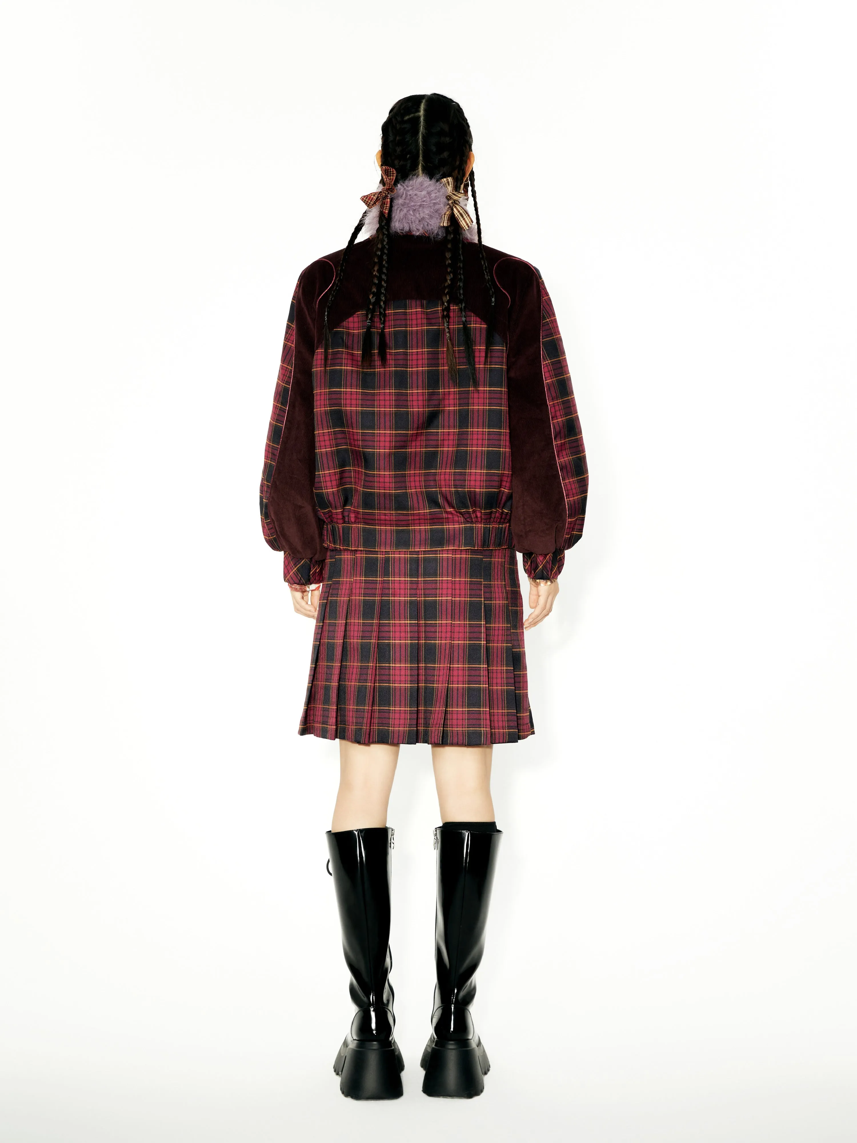 Plaid Stitching Strip Design Short Padded Jacket & Pleated Skirt