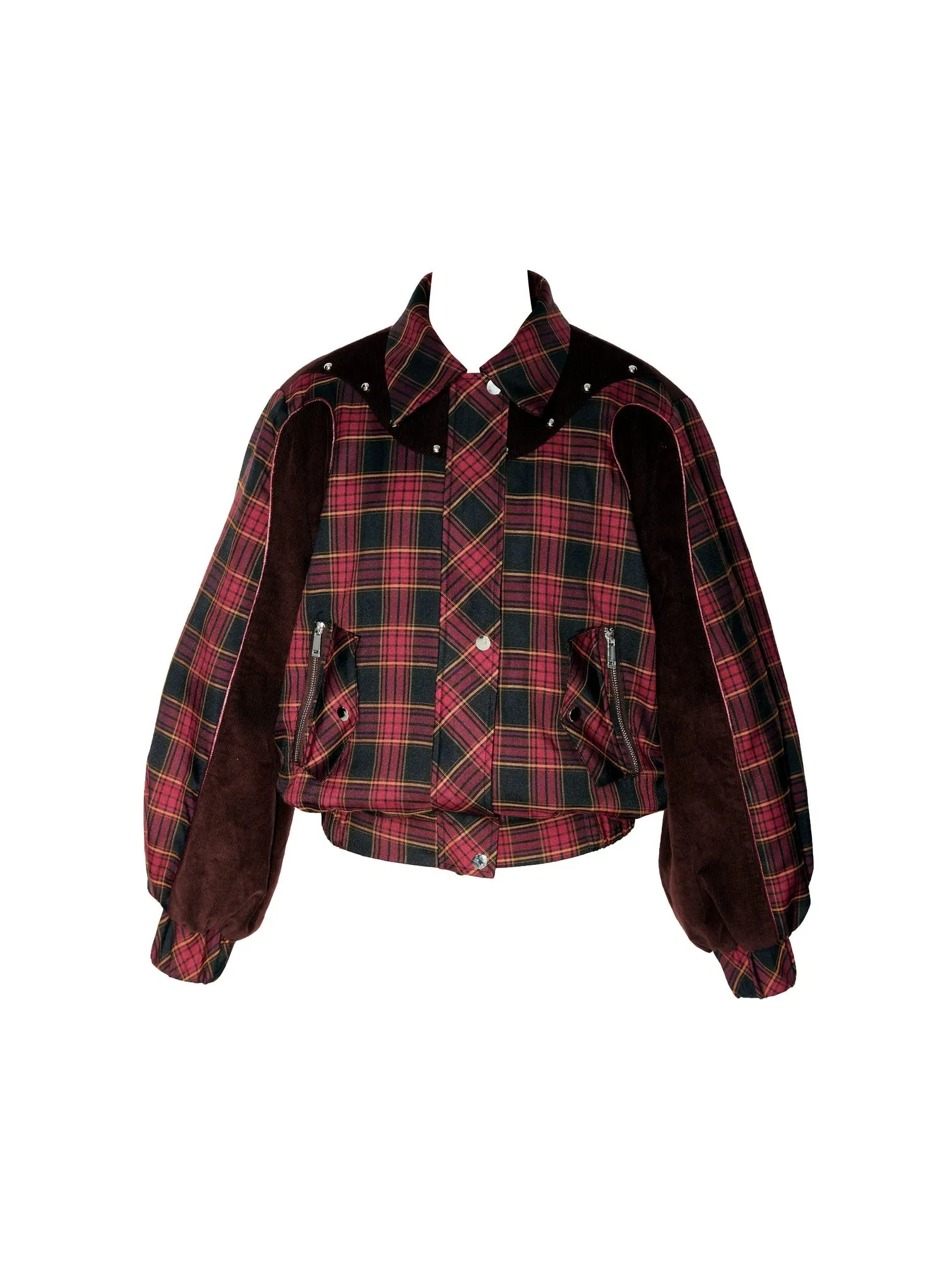 Plaid Stitching Strip Design Short Padded Jacket & Pleated Skirt