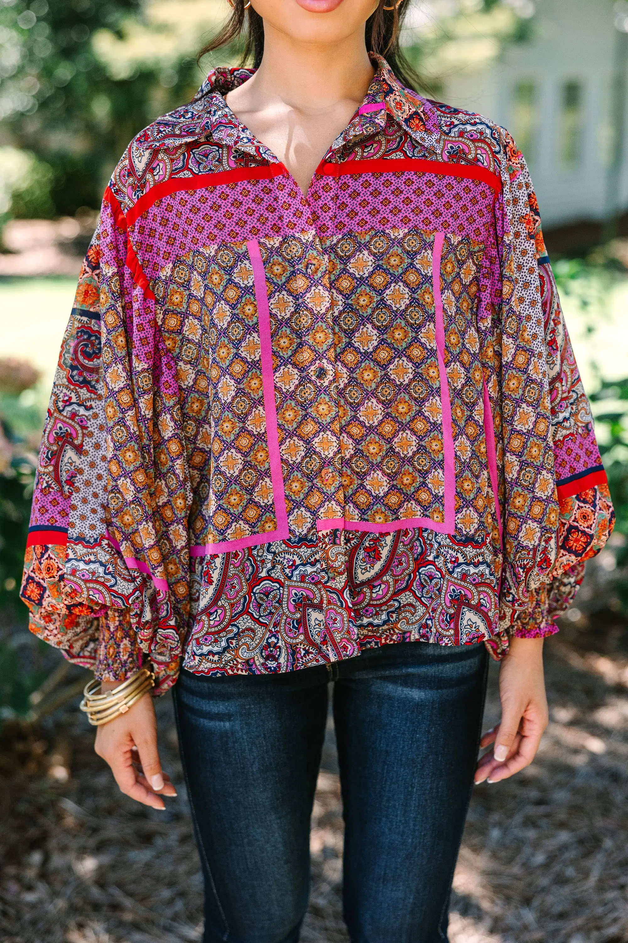 Play Fair Hot Pink Mixed Print Blouse