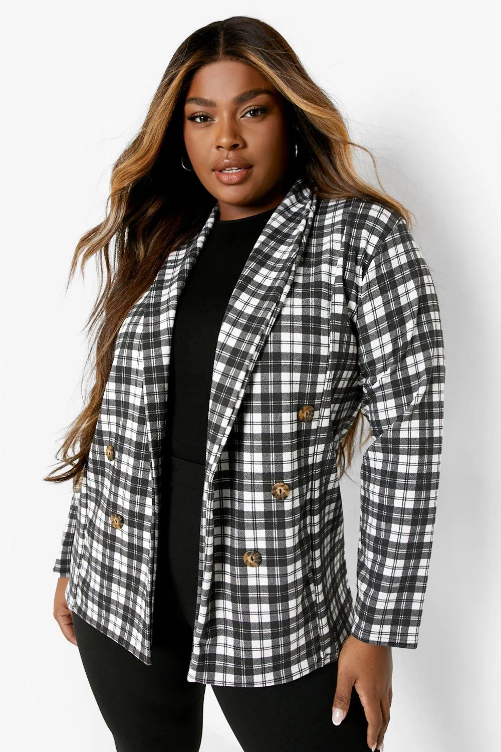 Plus Checked Double Breasted Blazer