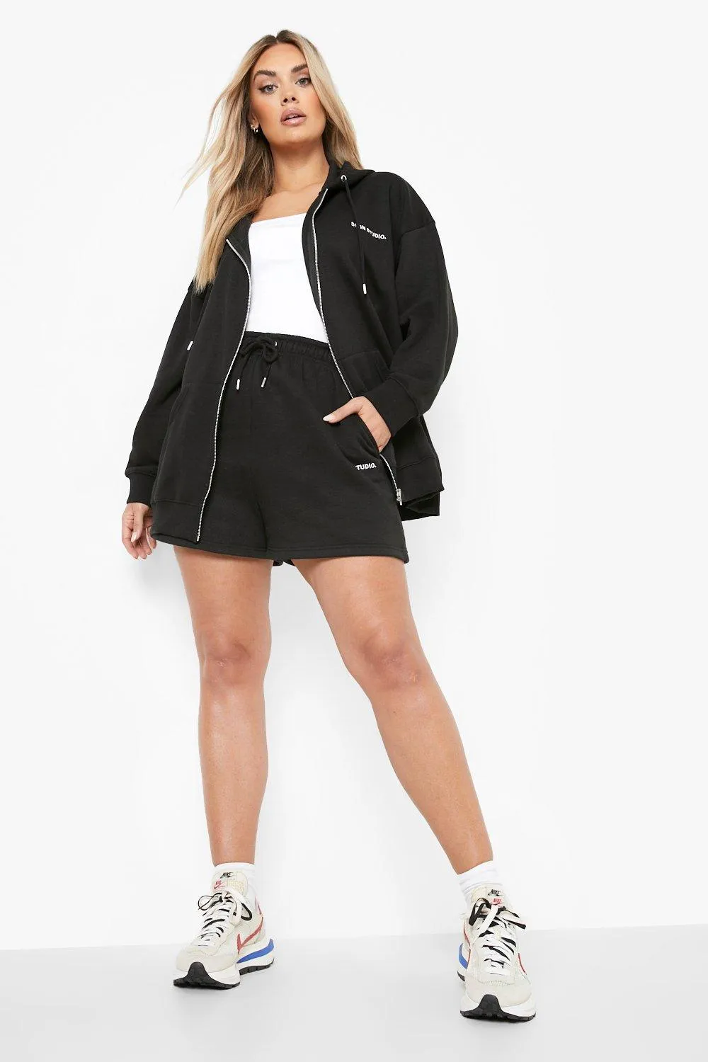 Plus Rib Hem Zip Through Hoodie Short Set