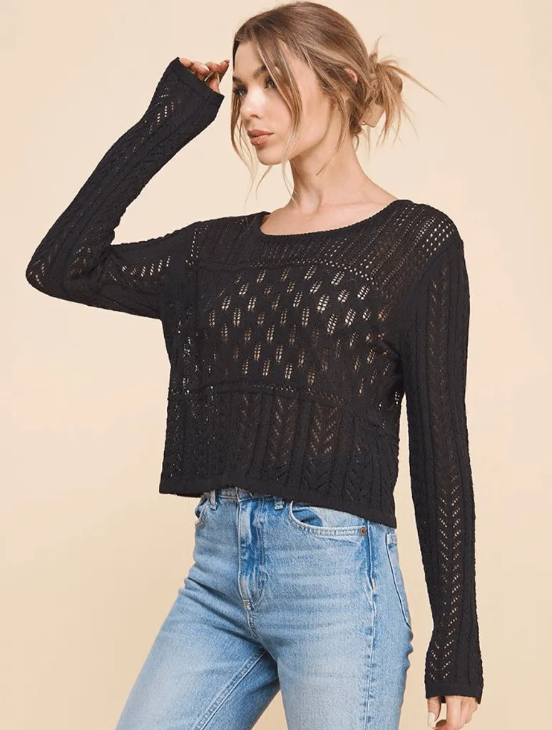 Pointelle Pullover Top in Black