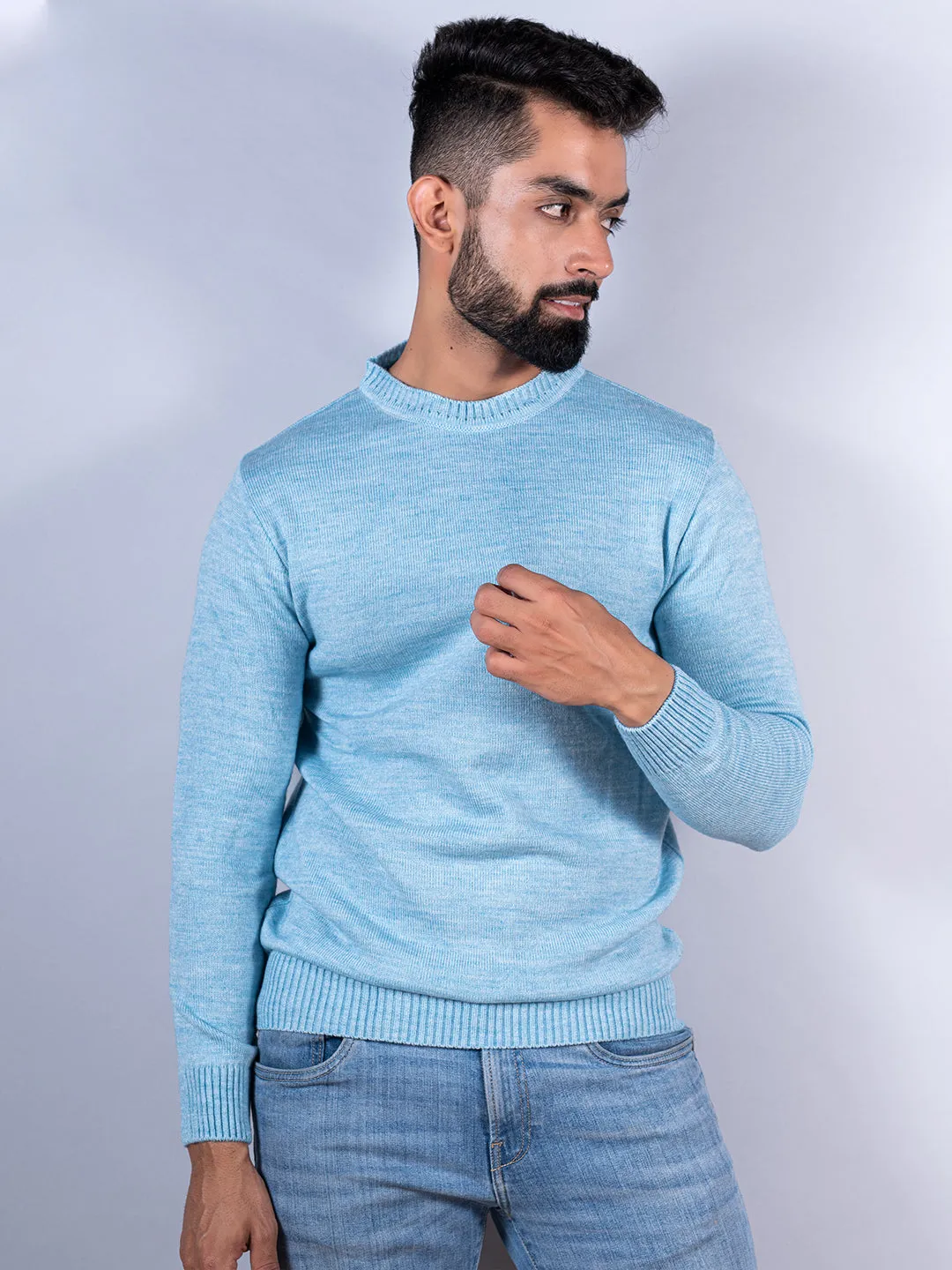 Powder Blue Color Crew Neck Sweater For Women