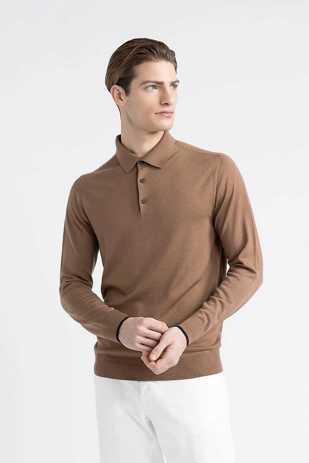 Pure new wool sweater with polo shirt collar