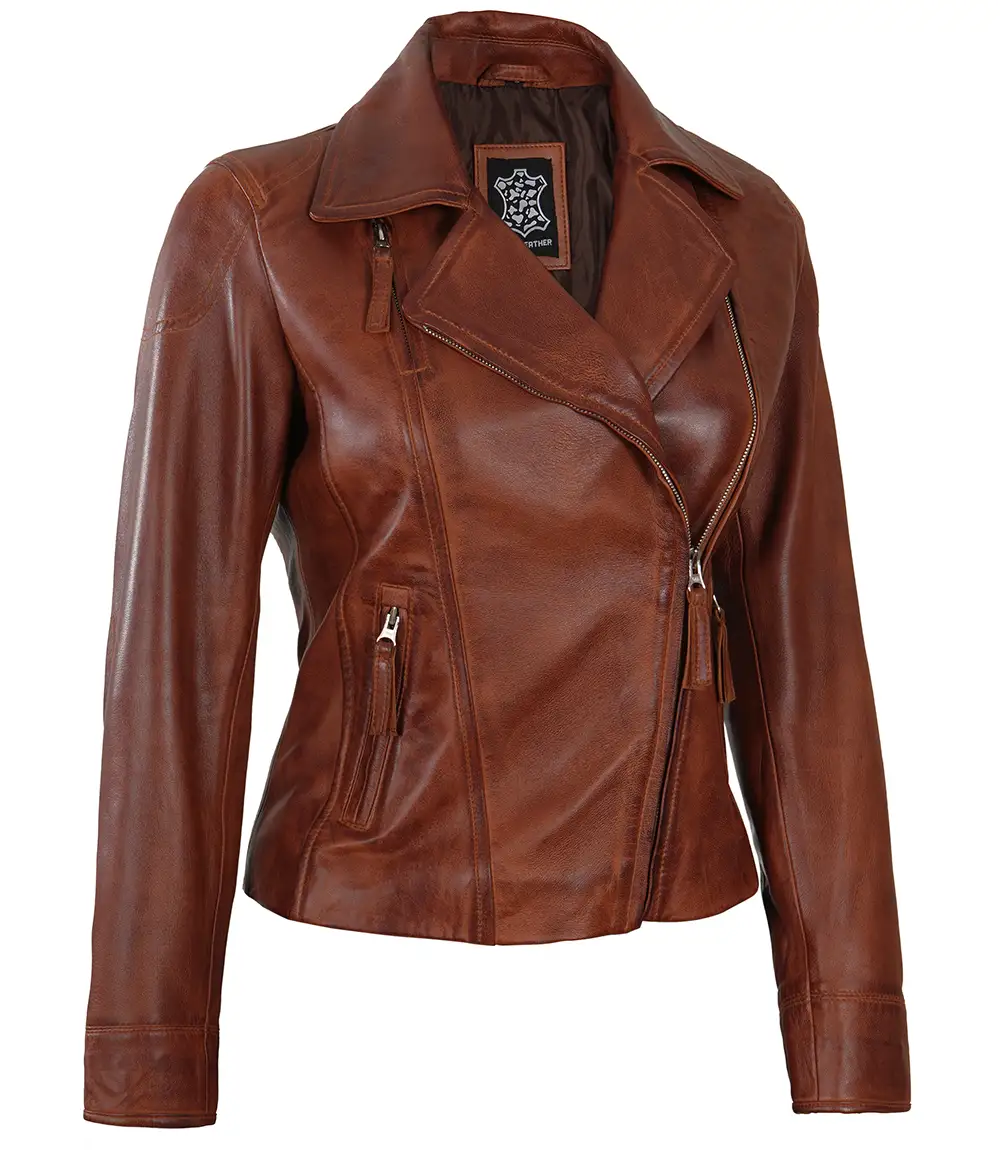 Ramsey Women's Asymmetrical Cognac Brown Leather Jacket