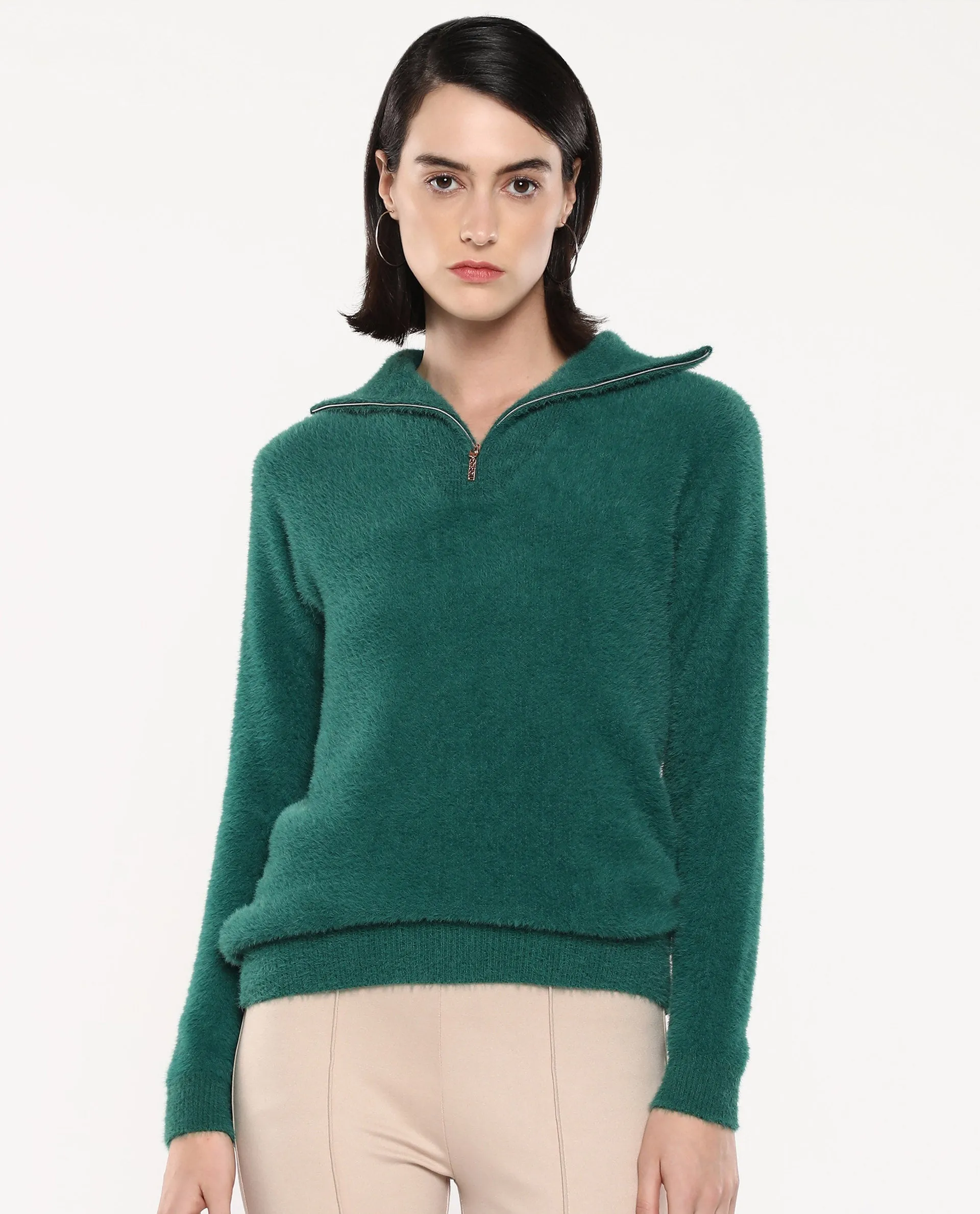 Rareism Women Asser Green Full Sleeve High Neck Plain Sweater