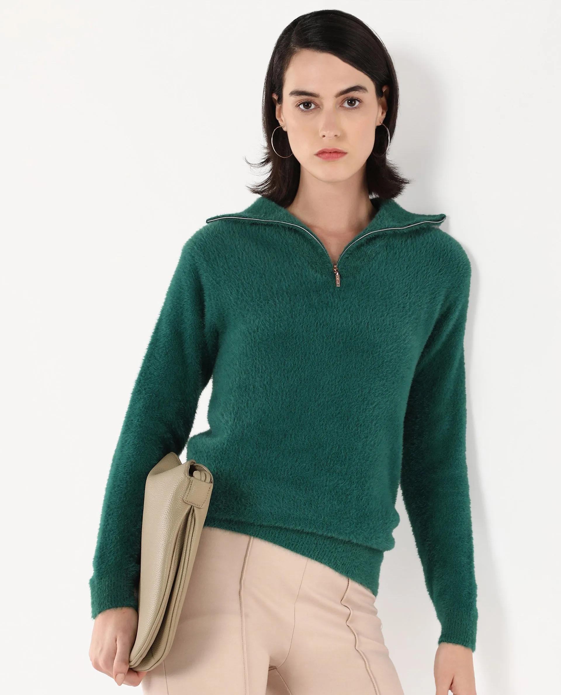 Rareism Women Asser Green Full Sleeve High Neck Plain Sweater