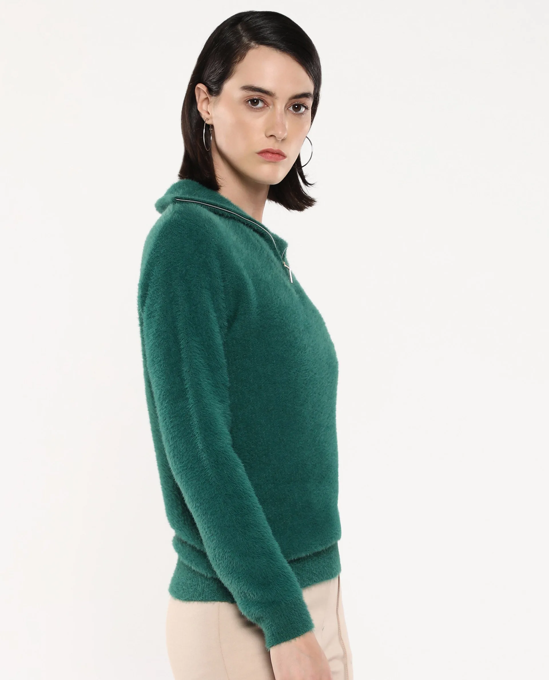 Rareism Women Asser Green Full Sleeve High Neck Plain Sweater