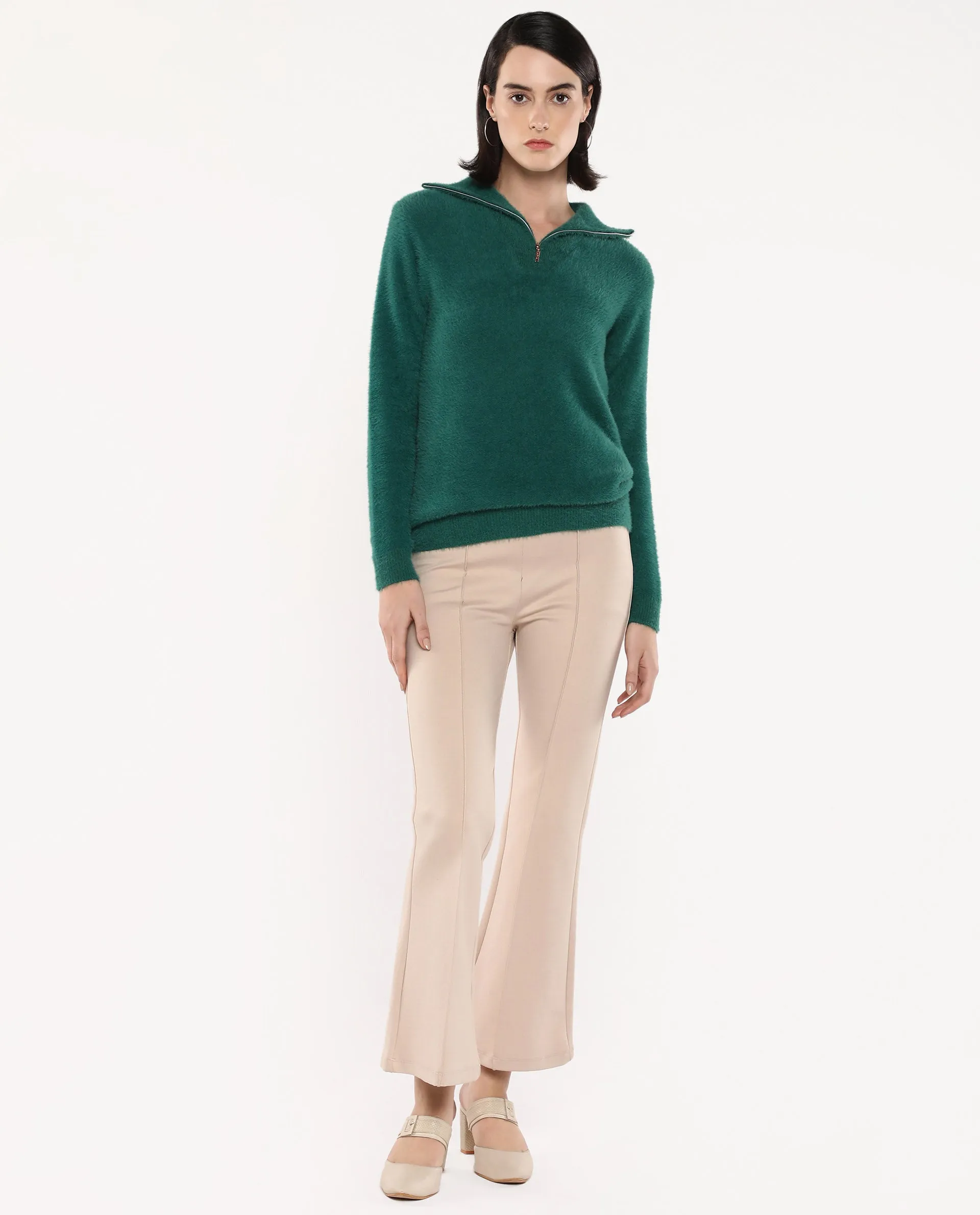 Rareism Women Asser Green Full Sleeve High Neck Plain Sweater