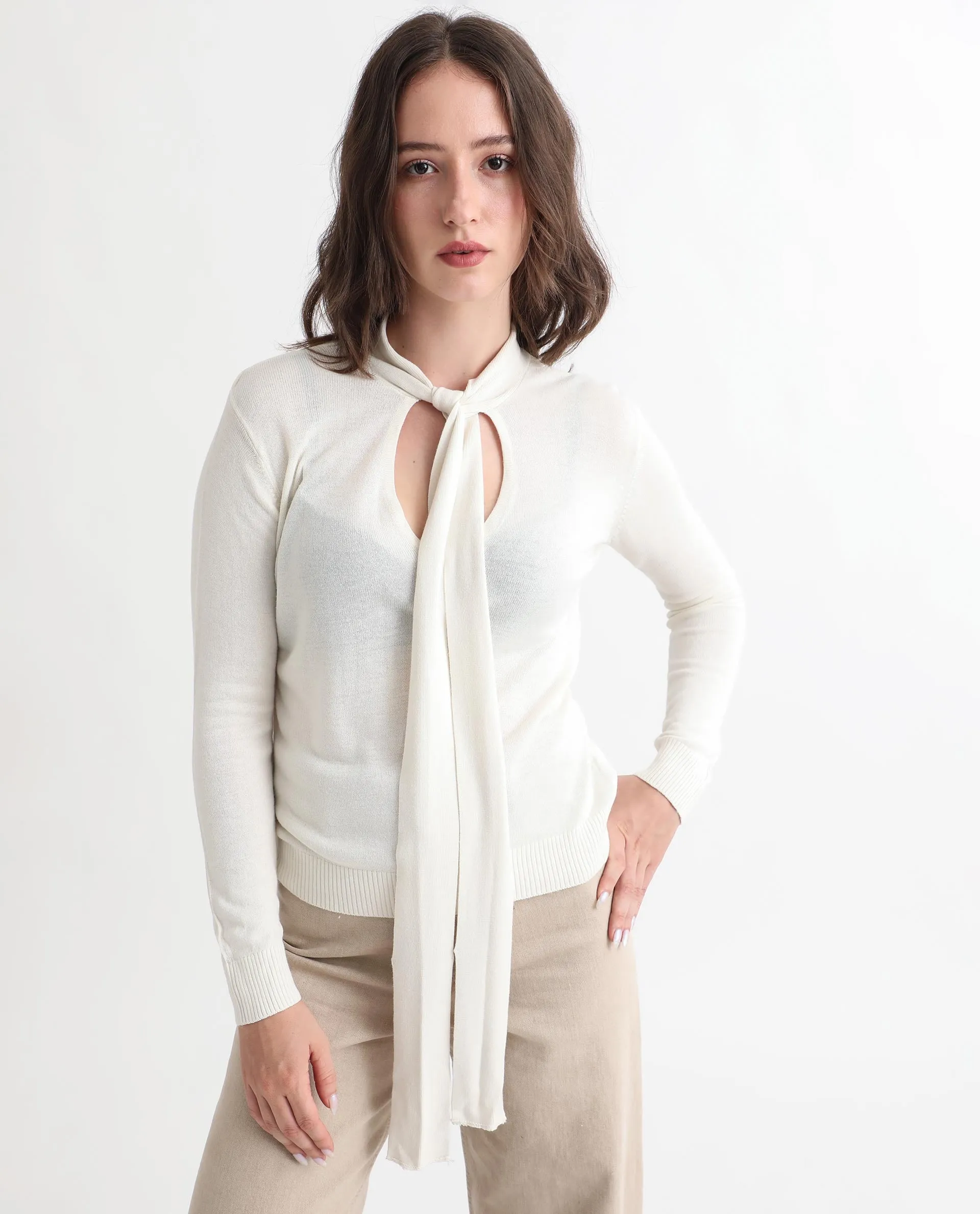 Rareism Women Dolce White Viscose Fabric Full Sleeves Regular Fit Solid Tie-Up Neck Sweater