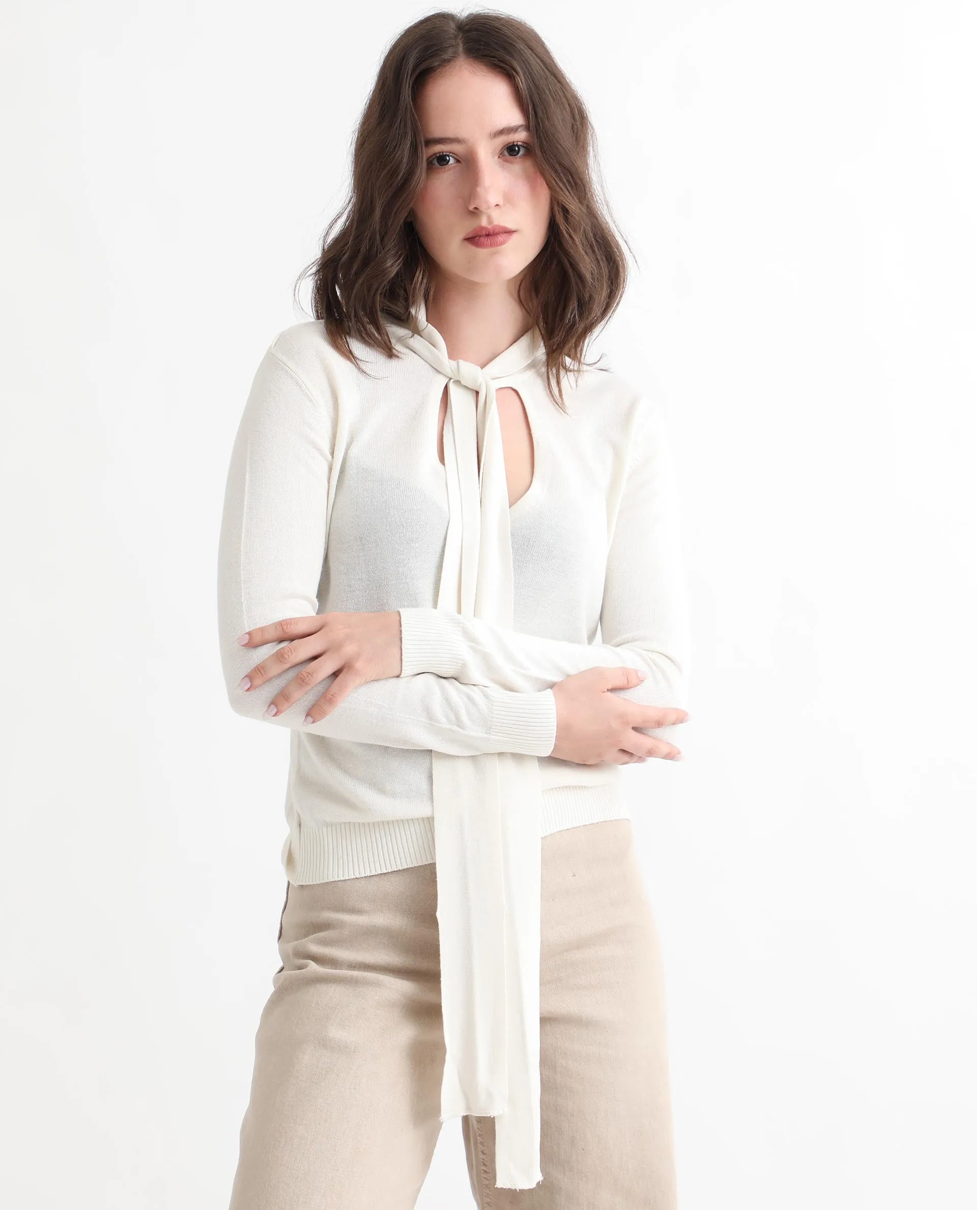 Rareism Women Dolce White Viscose Fabric Full Sleeves Regular Fit Solid Tie-Up Neck Sweater