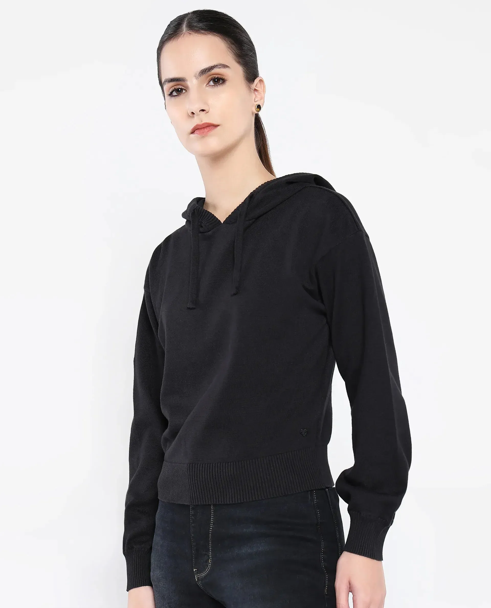 Rareism Women Finnet T Black Plain Hooded Plain Sweater