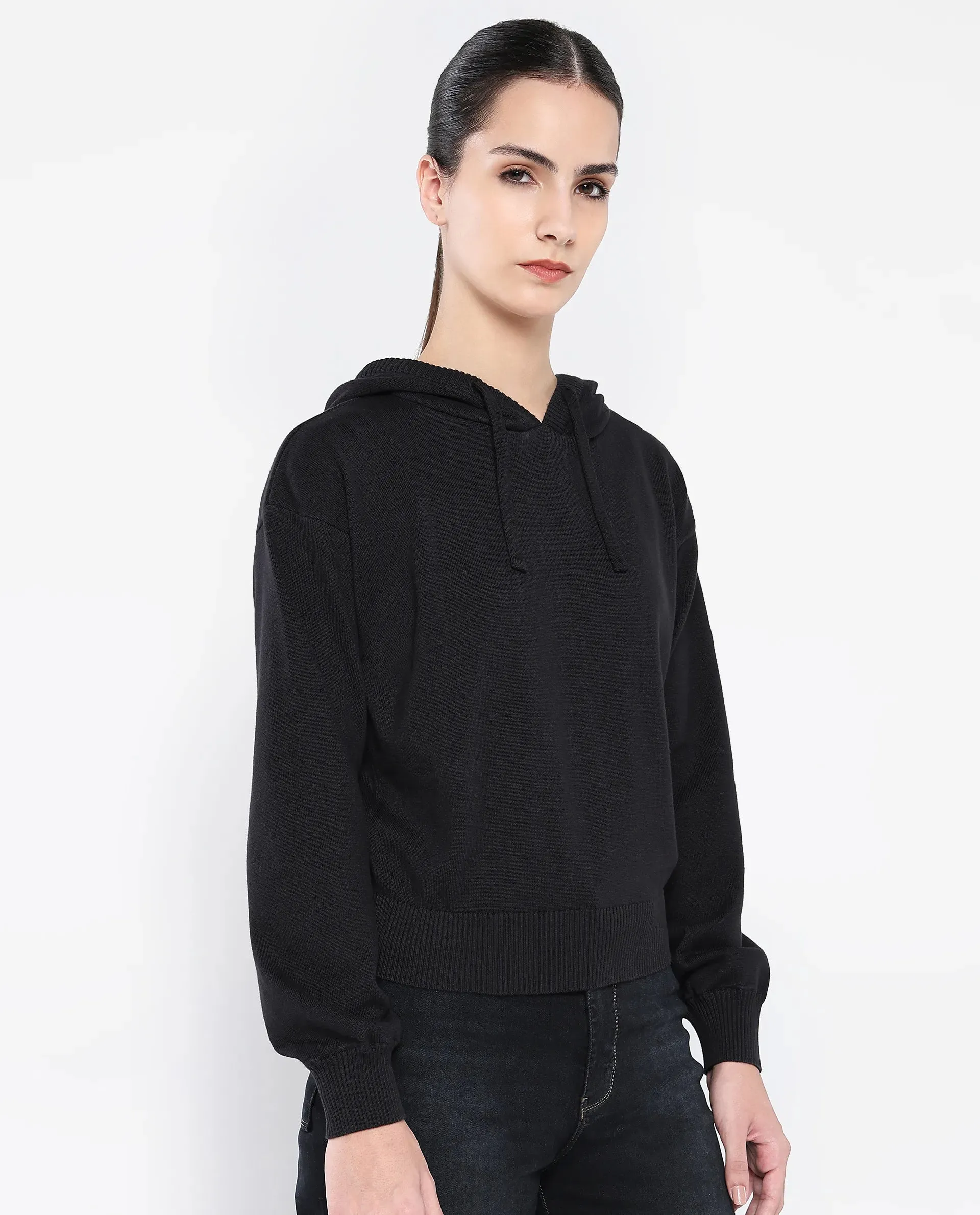 Rareism Women Finnet T Black Plain Hooded Plain Sweater