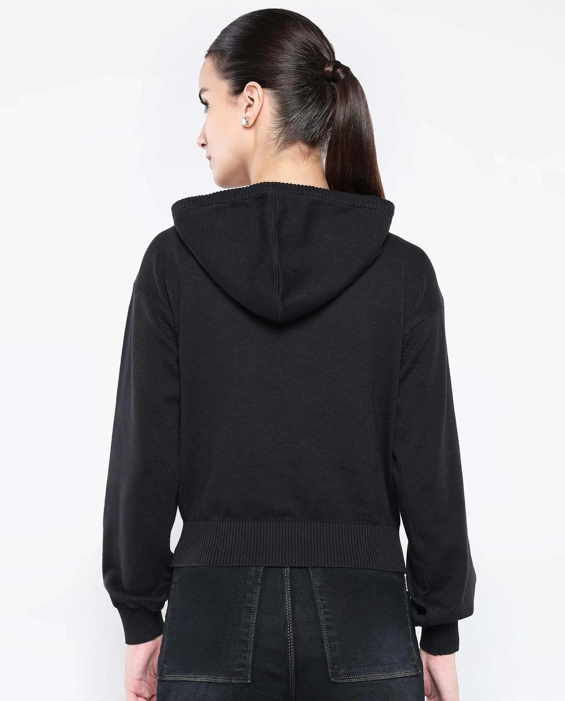 Rareism Women Finnet T Black Plain Hooded Plain Sweater