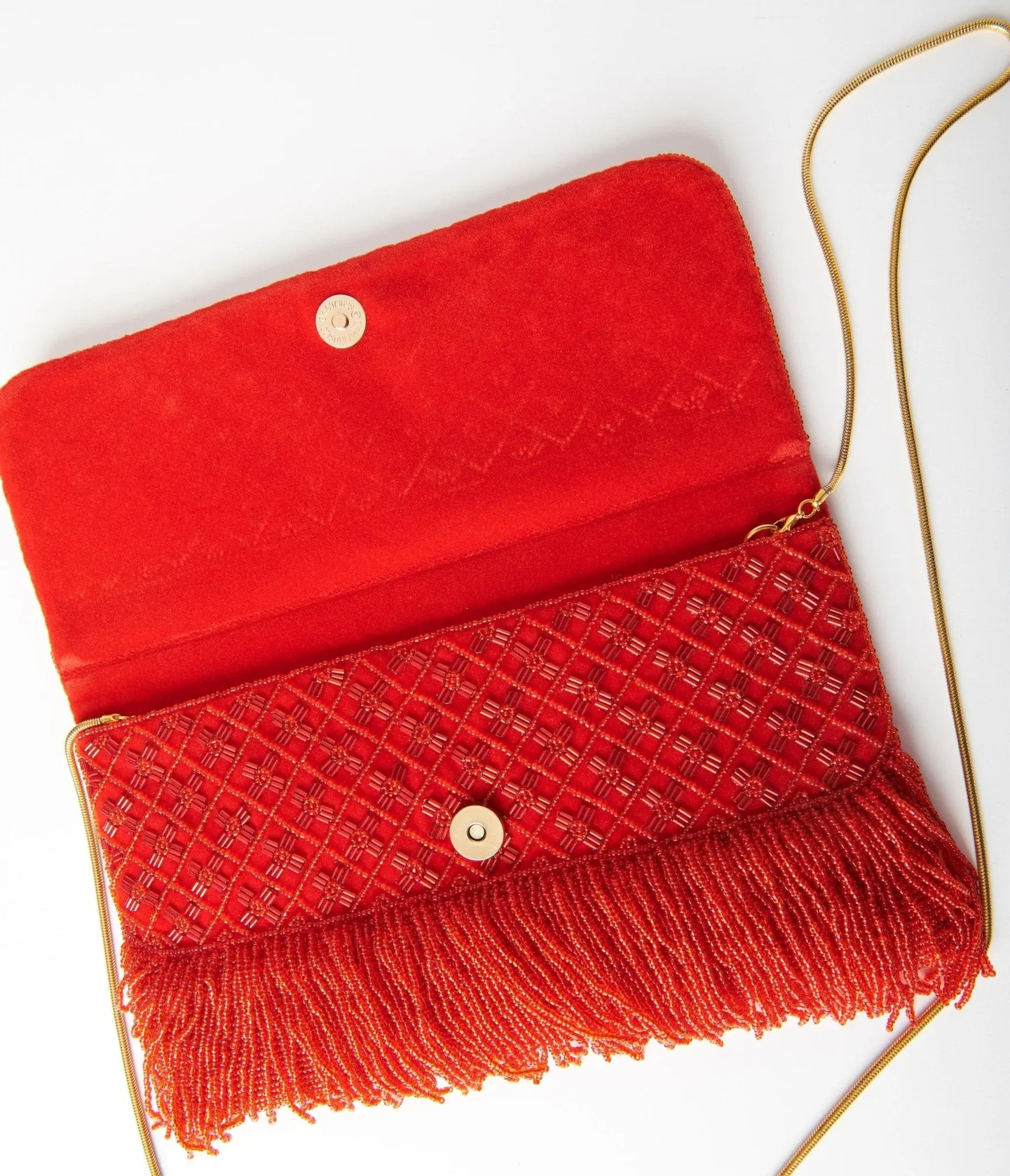 Red Beaded Fringe Envelope Clutch