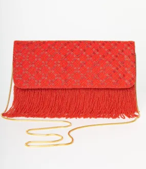 Red Beaded Fringe Envelope Clutch