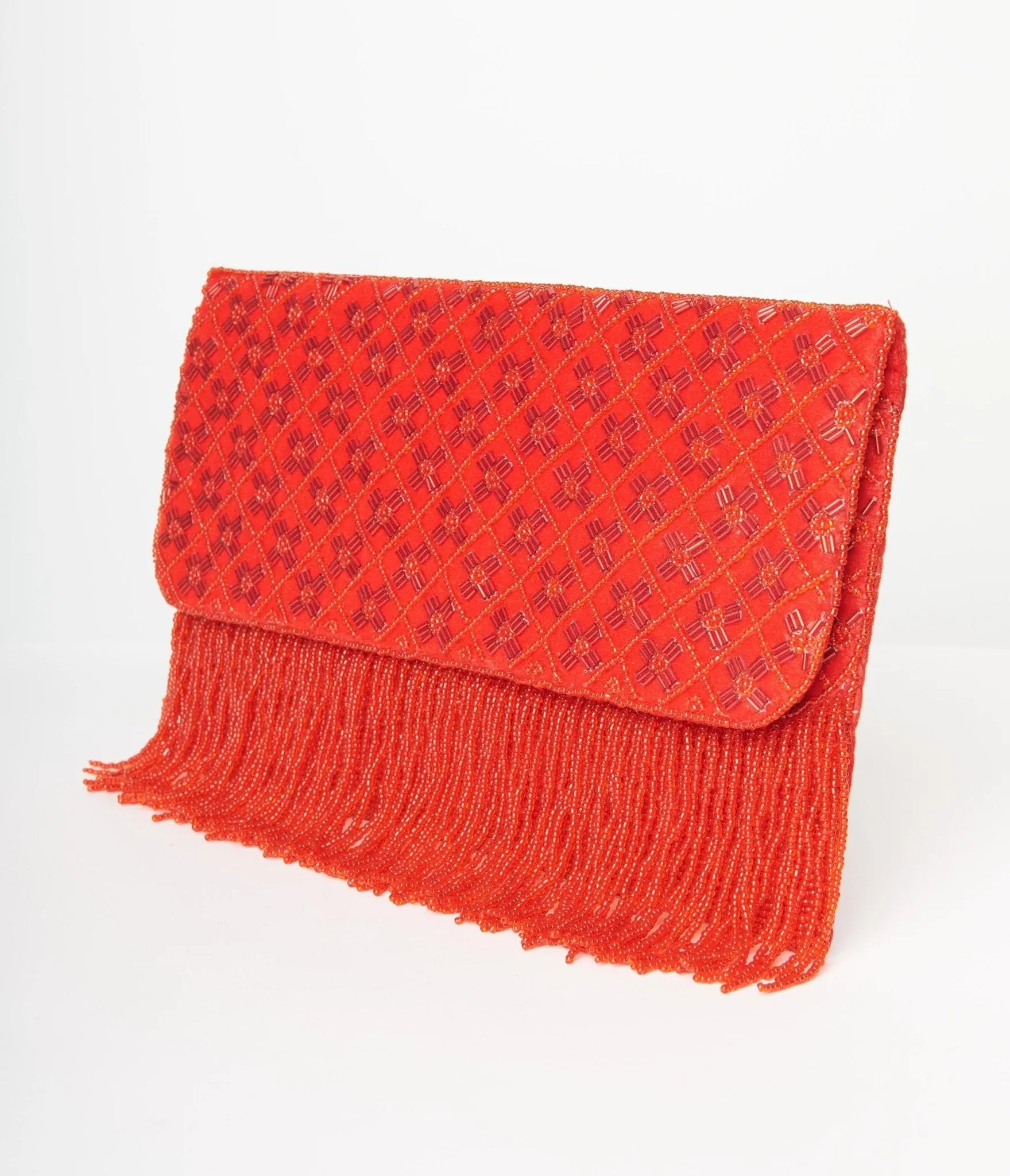 Red Beaded Fringe Envelope Clutch