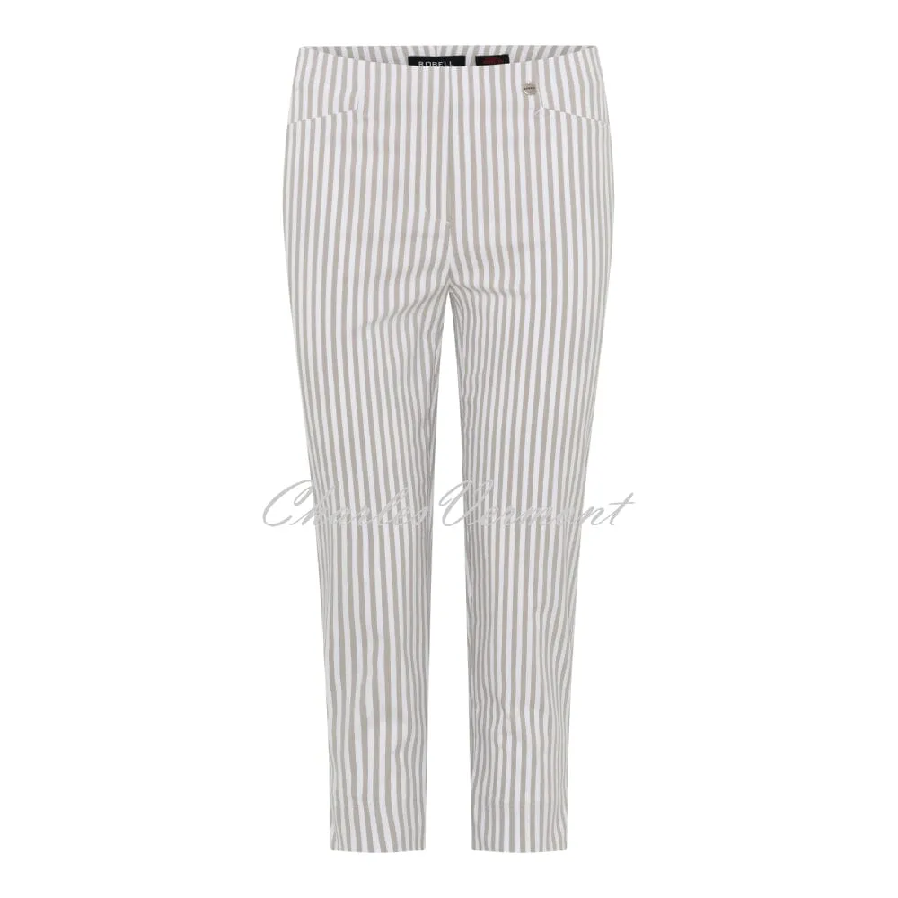 Robell Rose 07 Super Slim Fit Stripe Capri Trouser 51569-54375-14 (Beige / White)