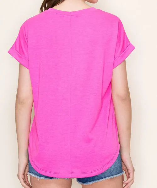 Roll Sleeve Top - Hot Pink