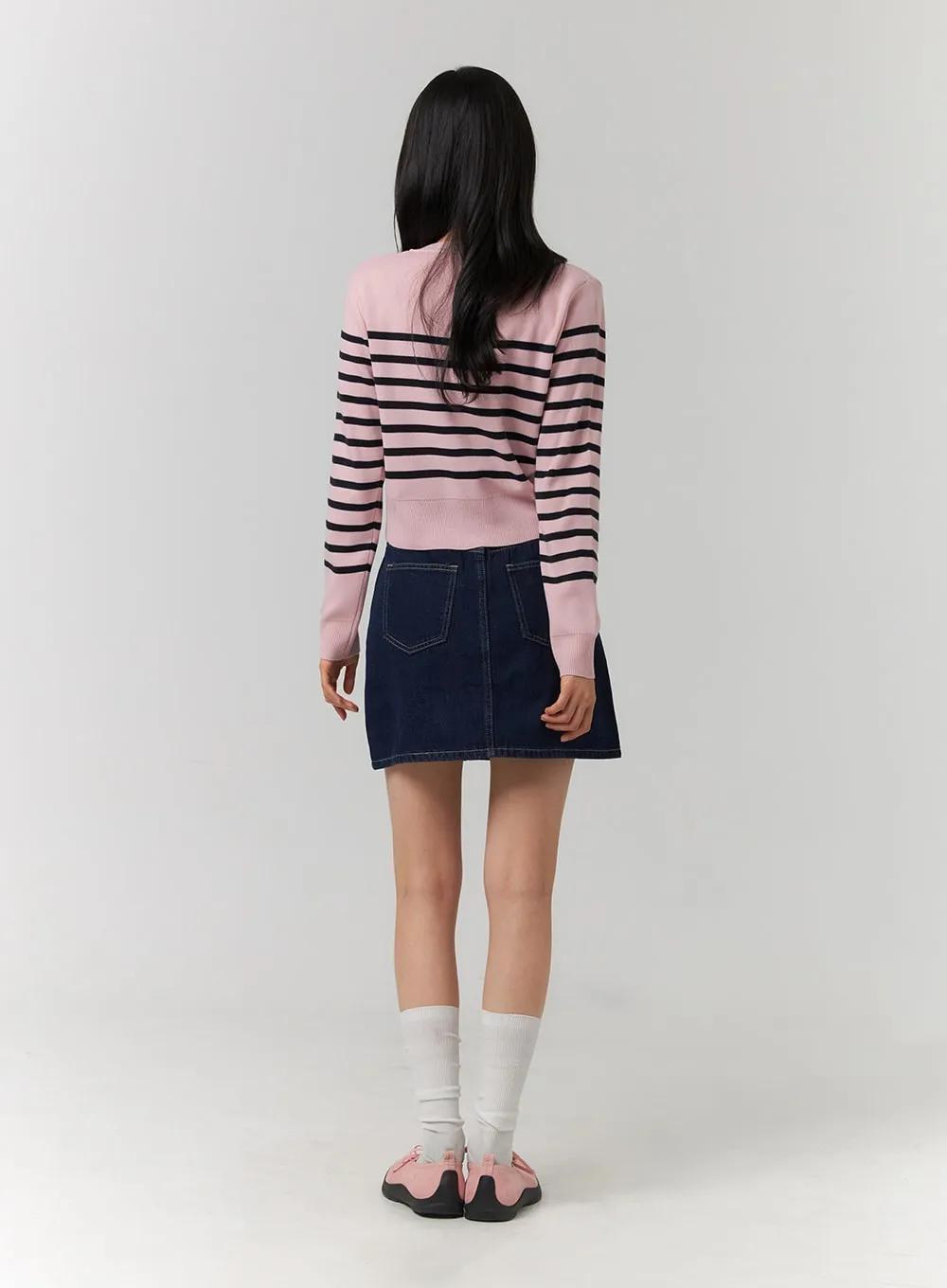 Round Neck Striped Knit Cardigan OJ423