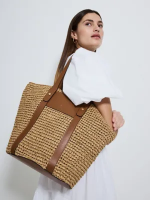 Studio Edit Tan Leather Trim Straw Tote Bag | Women | George at ASDA