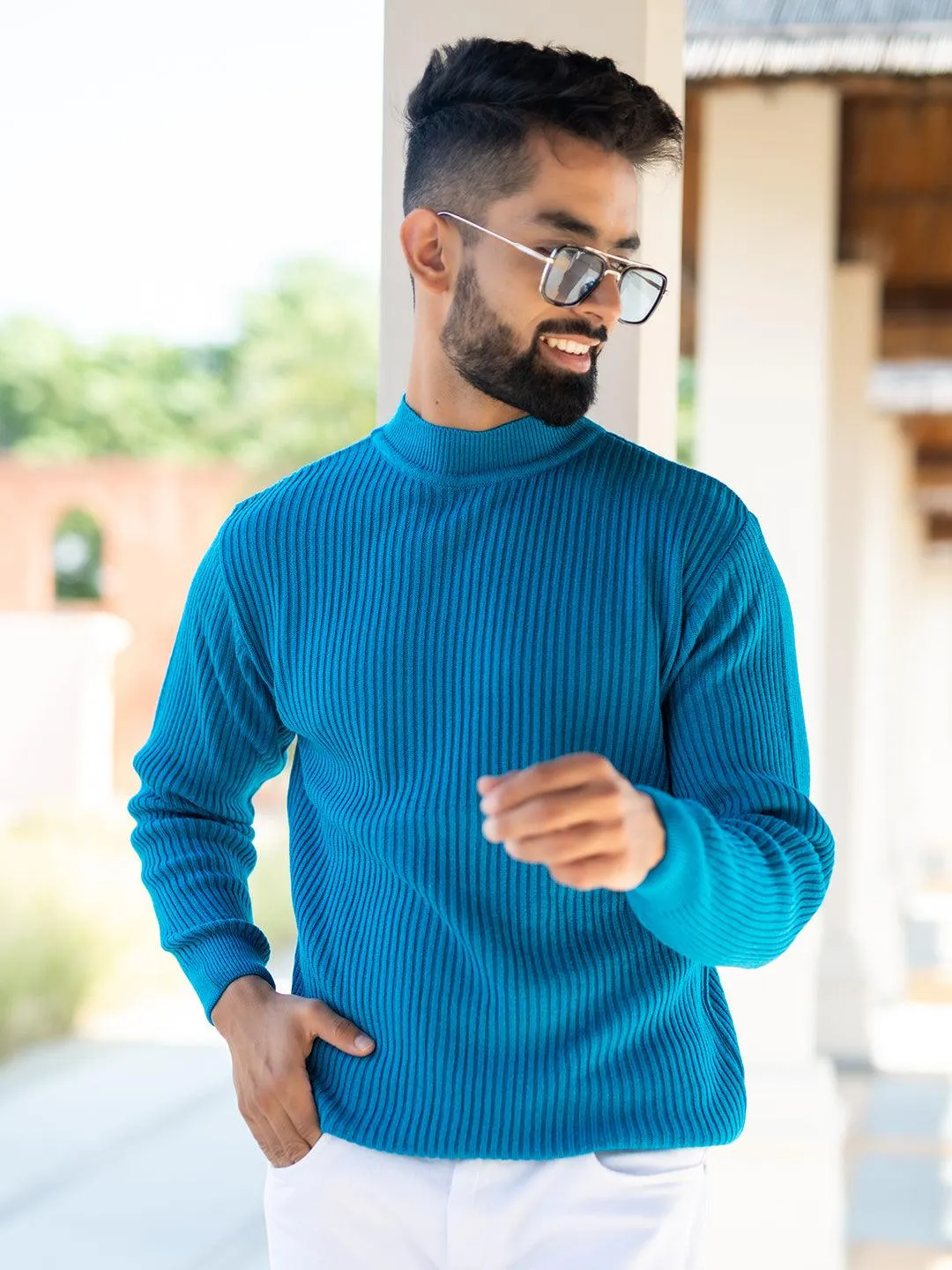 Teal Blue Color Turtle Neck Men's Sweater