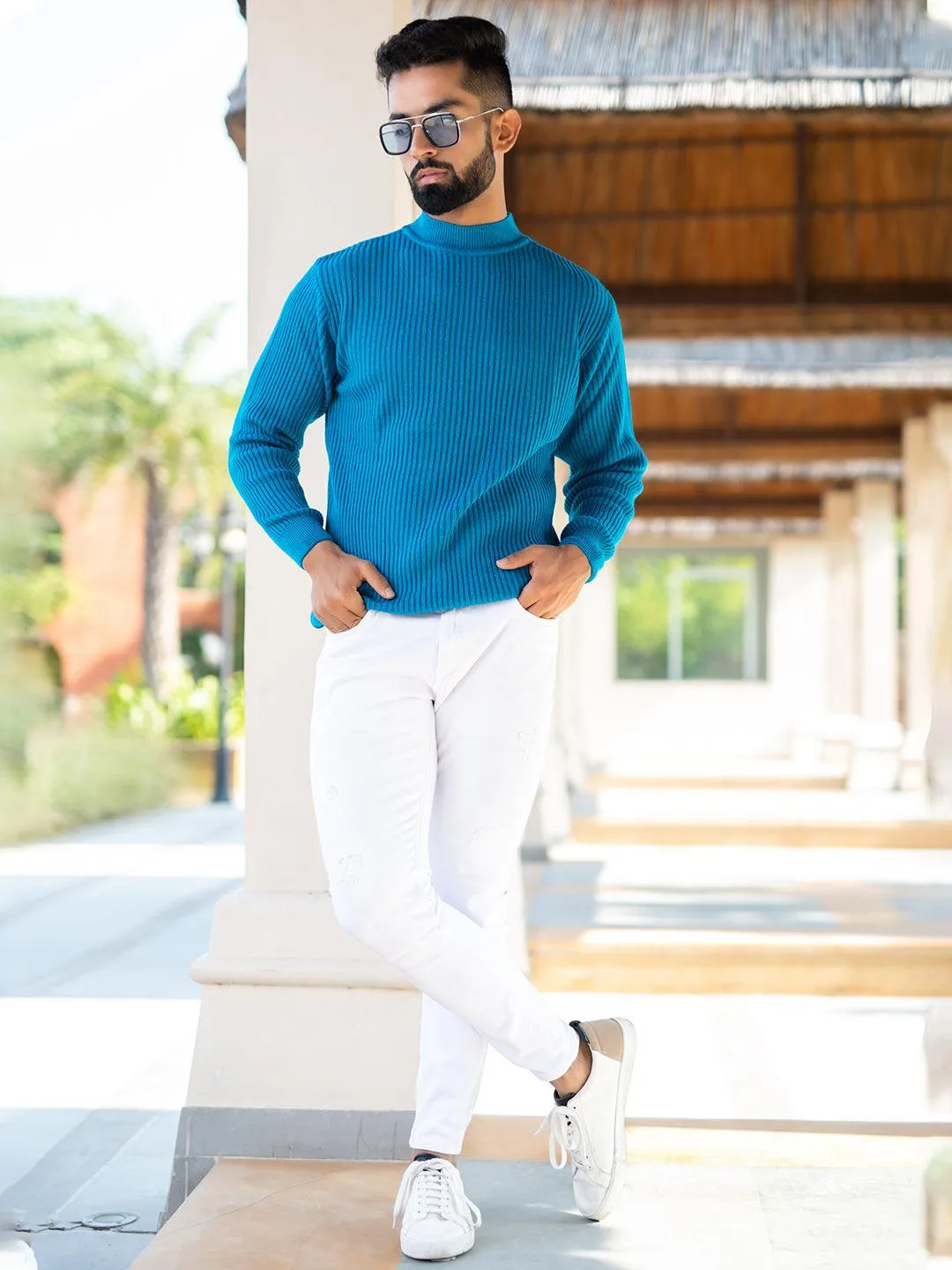 Teal Blue Color Turtle Neck Men's Sweater