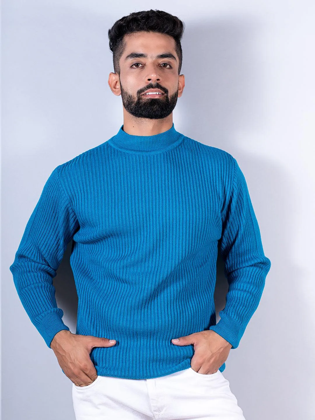 Teal Blue Color Turtle Neck Men's Sweater