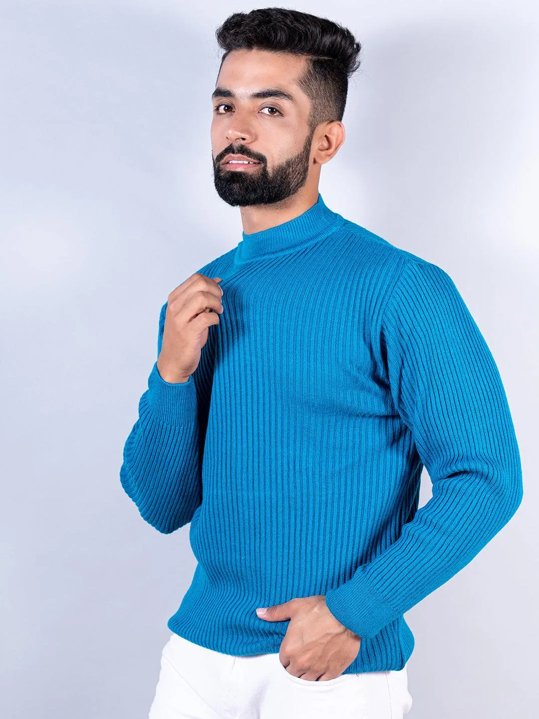 Teal Blue Color Turtle Neck Men's Sweater