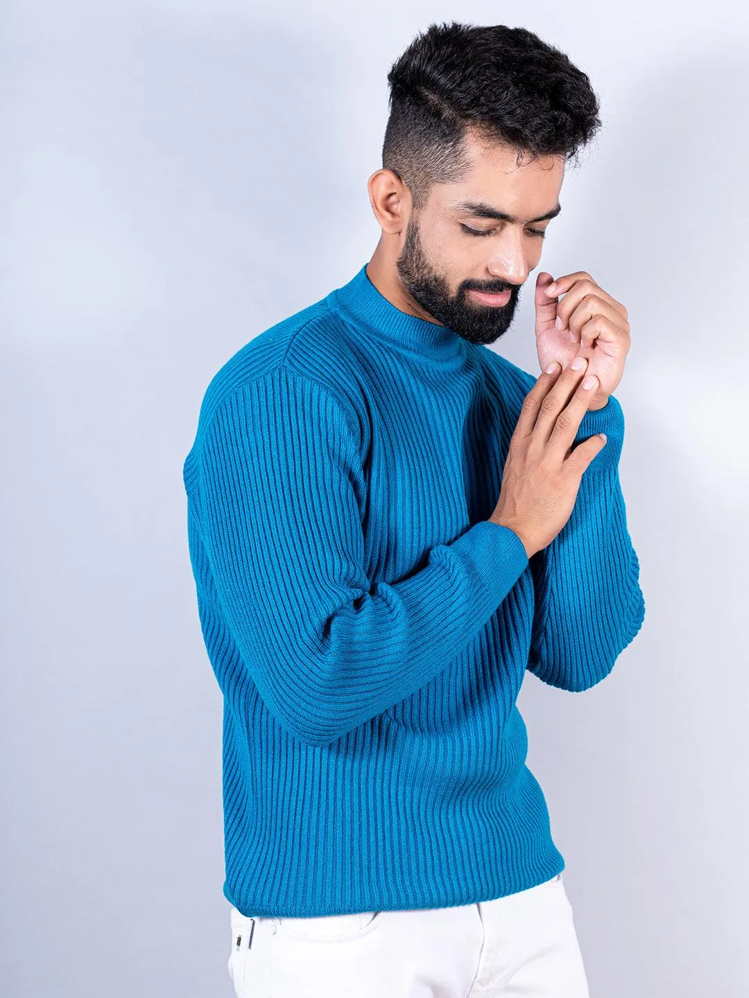 Teal Blue Color Turtle Neck Men's Sweater