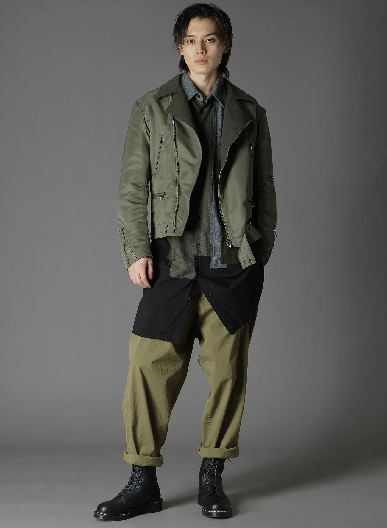 VARIOUS MATERIAL COMBINATION DOUBLE RIDERS REVERSIBLE JACKET