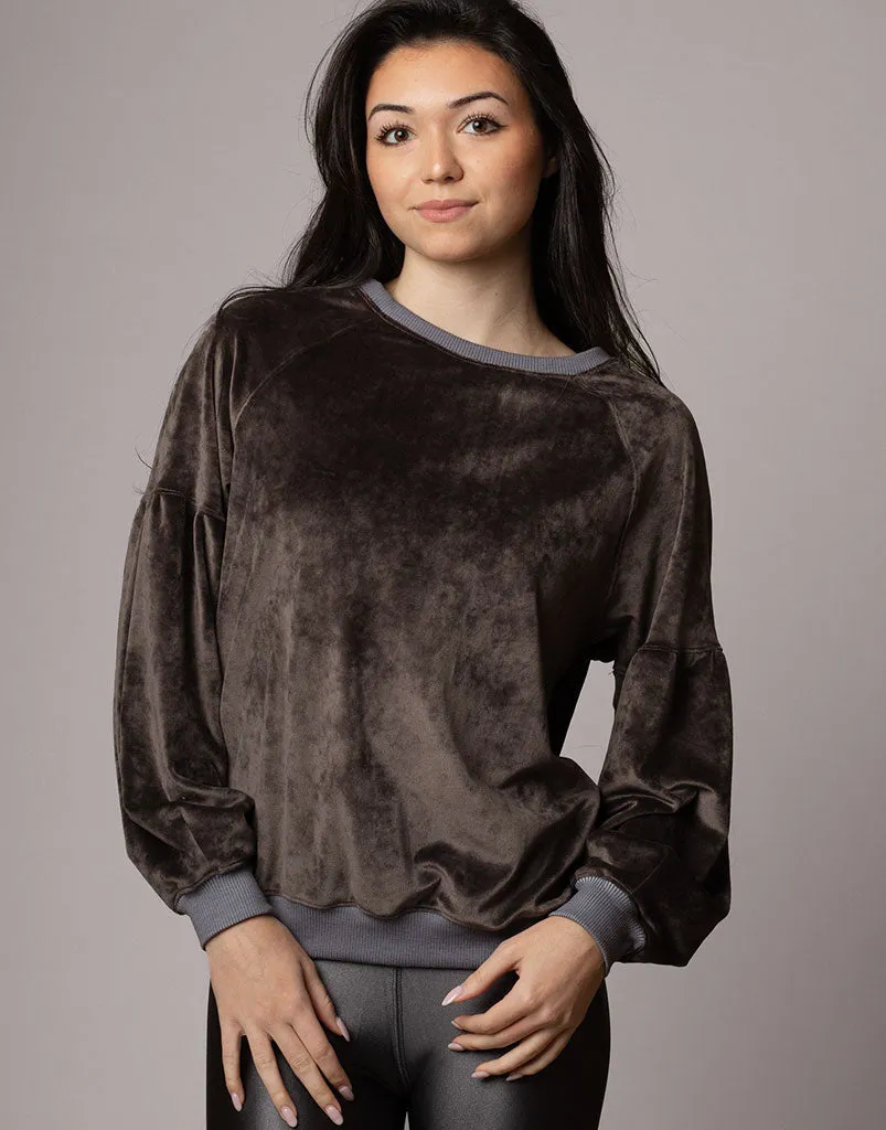 Velour Gathered Sleeve Pullover Coffee