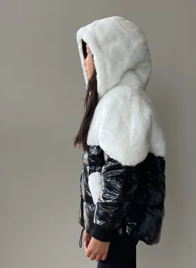 Vierra Rose Boa Faux Fur Top Jacket in Black/White Combo