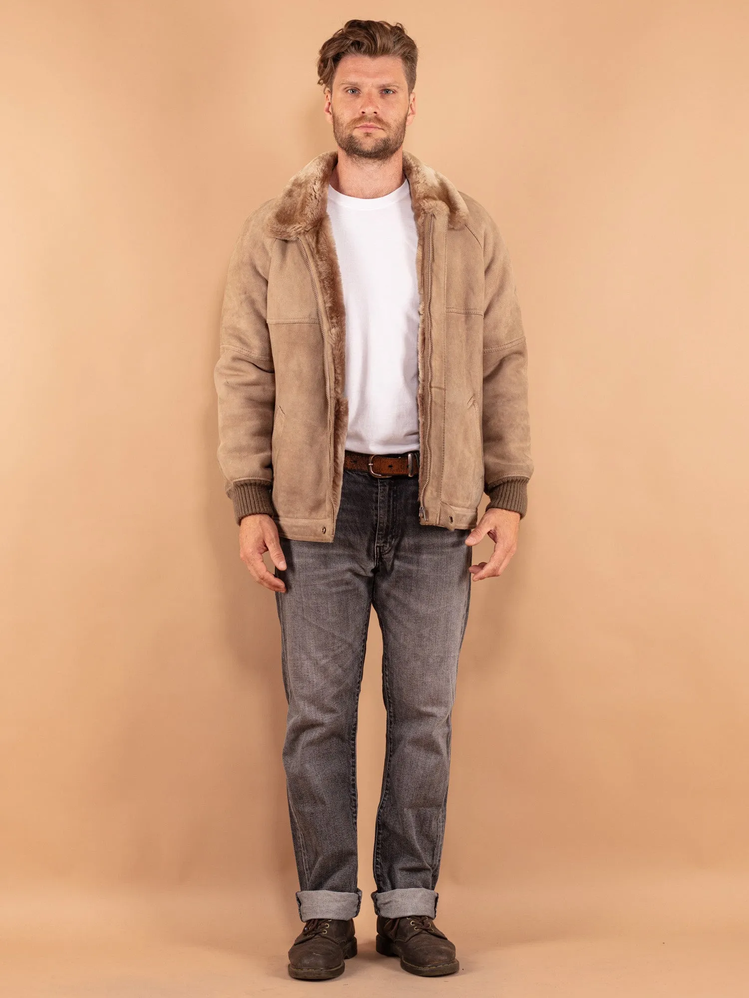 Vintage 80's Men Sheepskin Bomber Jacket in Beige