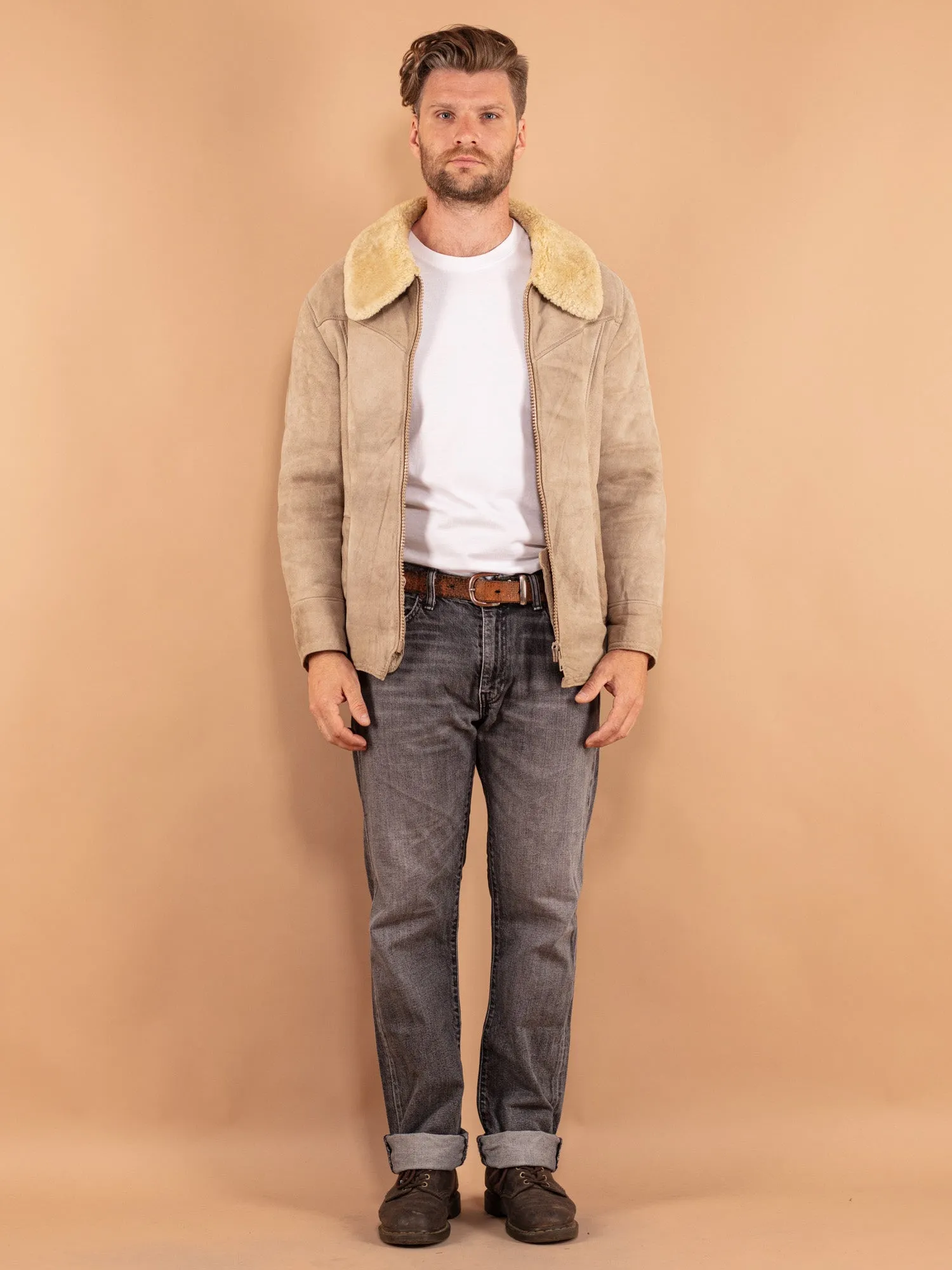 Vintage 80's Men Sheepskin Jacket in Beige