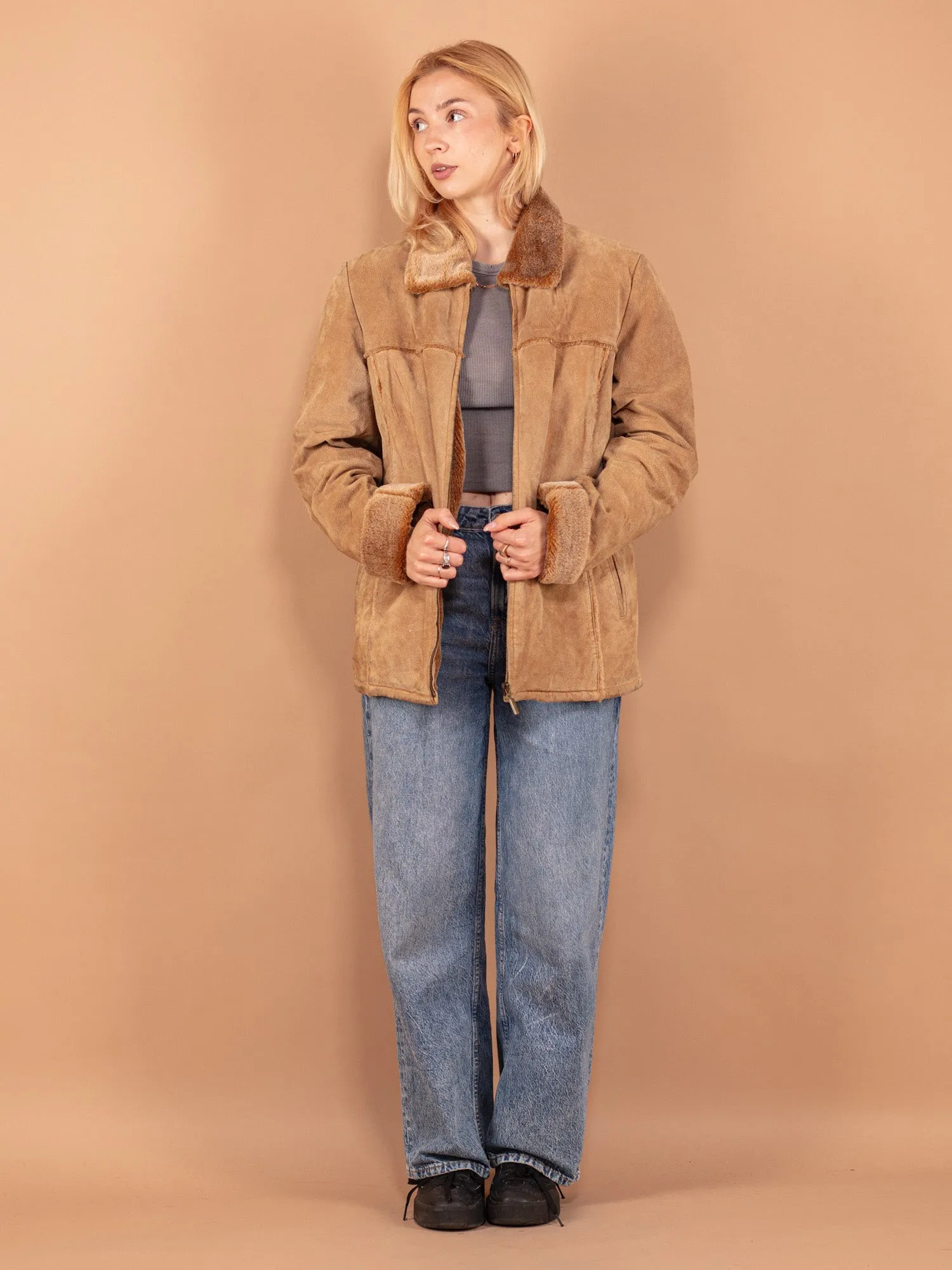 Vintage 90's Women Suede Sherpa Jacket in Beige