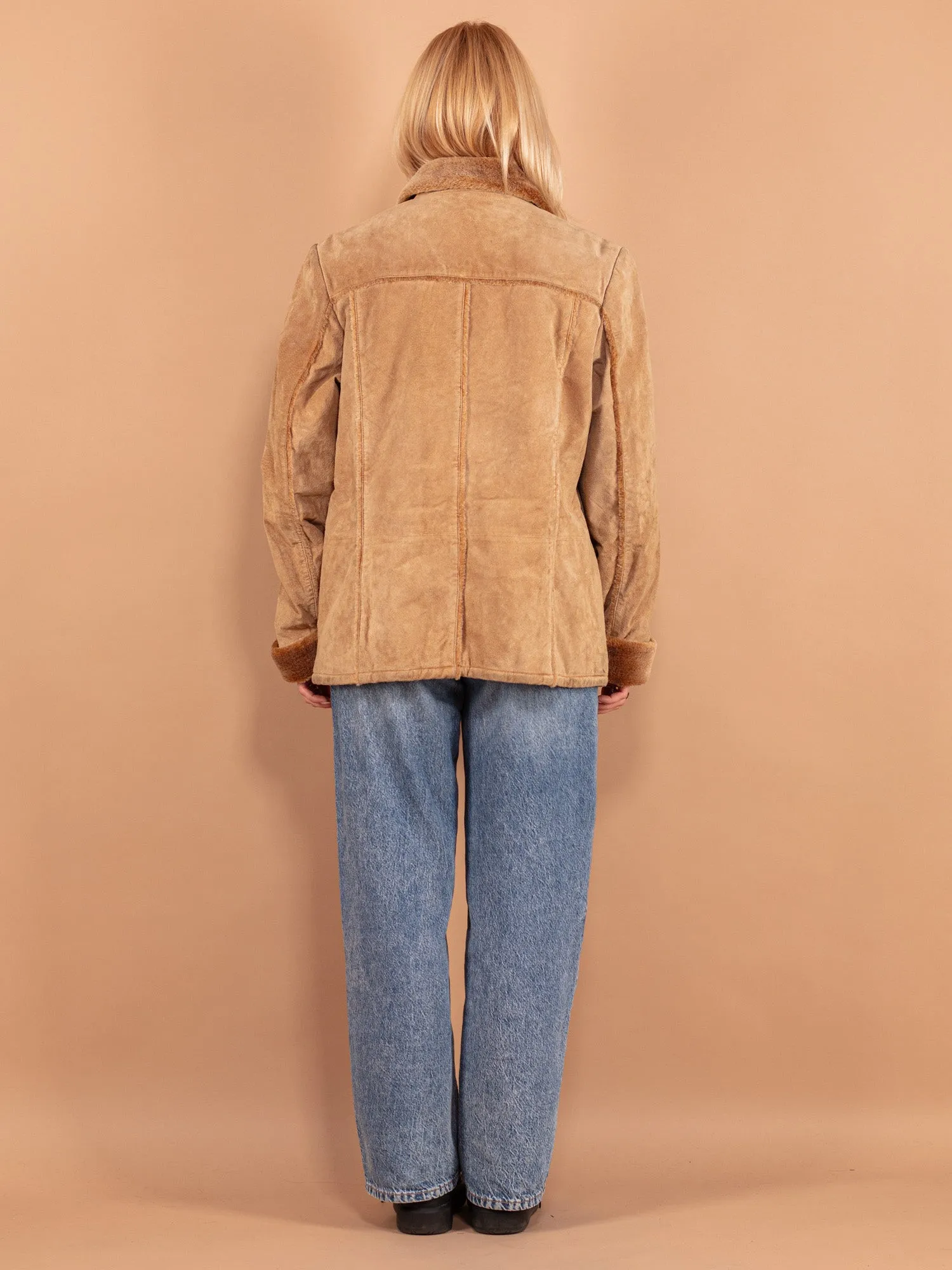 Vintage 90's Women Suede Sherpa Jacket in Beige